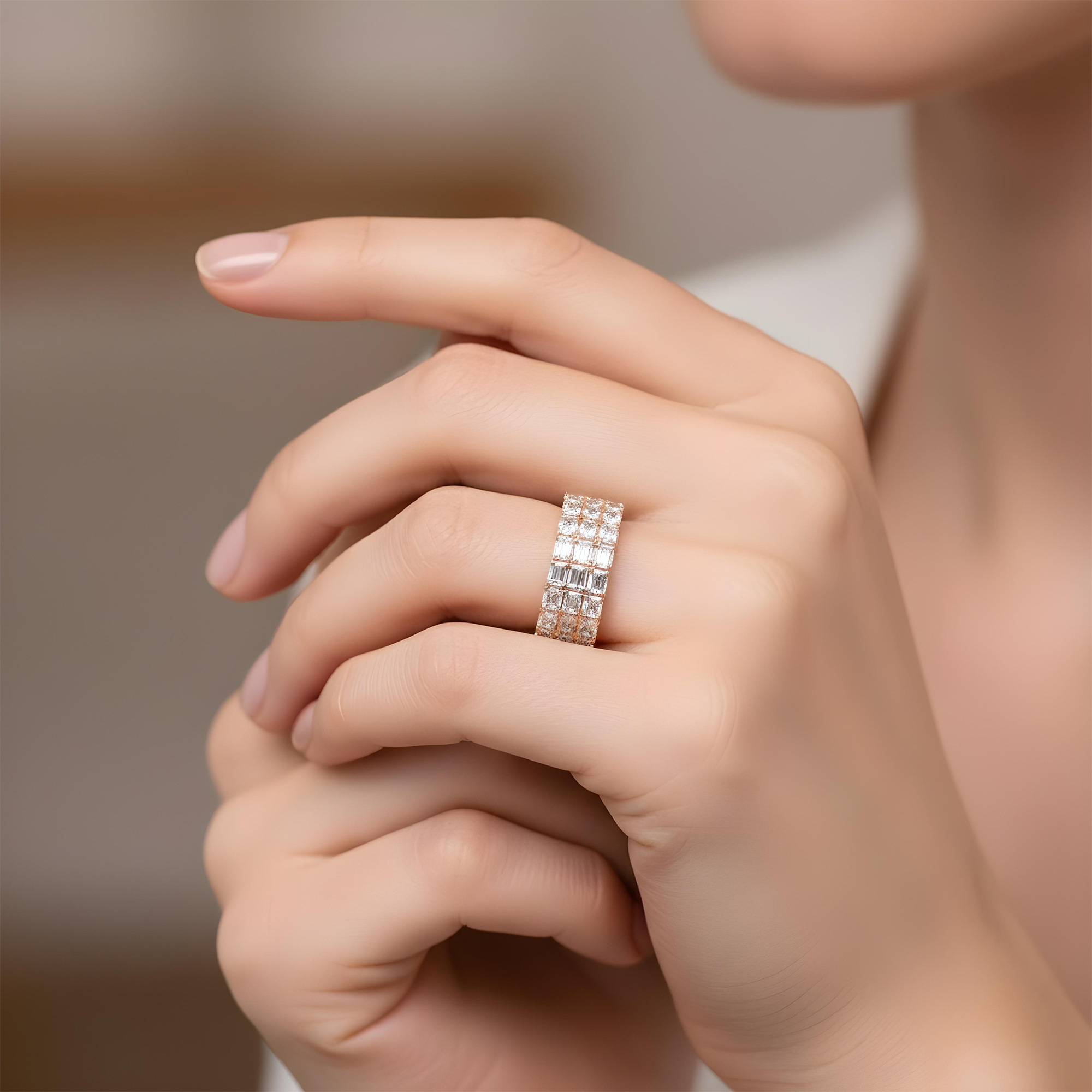14K White Gold Triple Row Emerald Cut Diamond Eternity Ring 8.61ct (size 9.25)