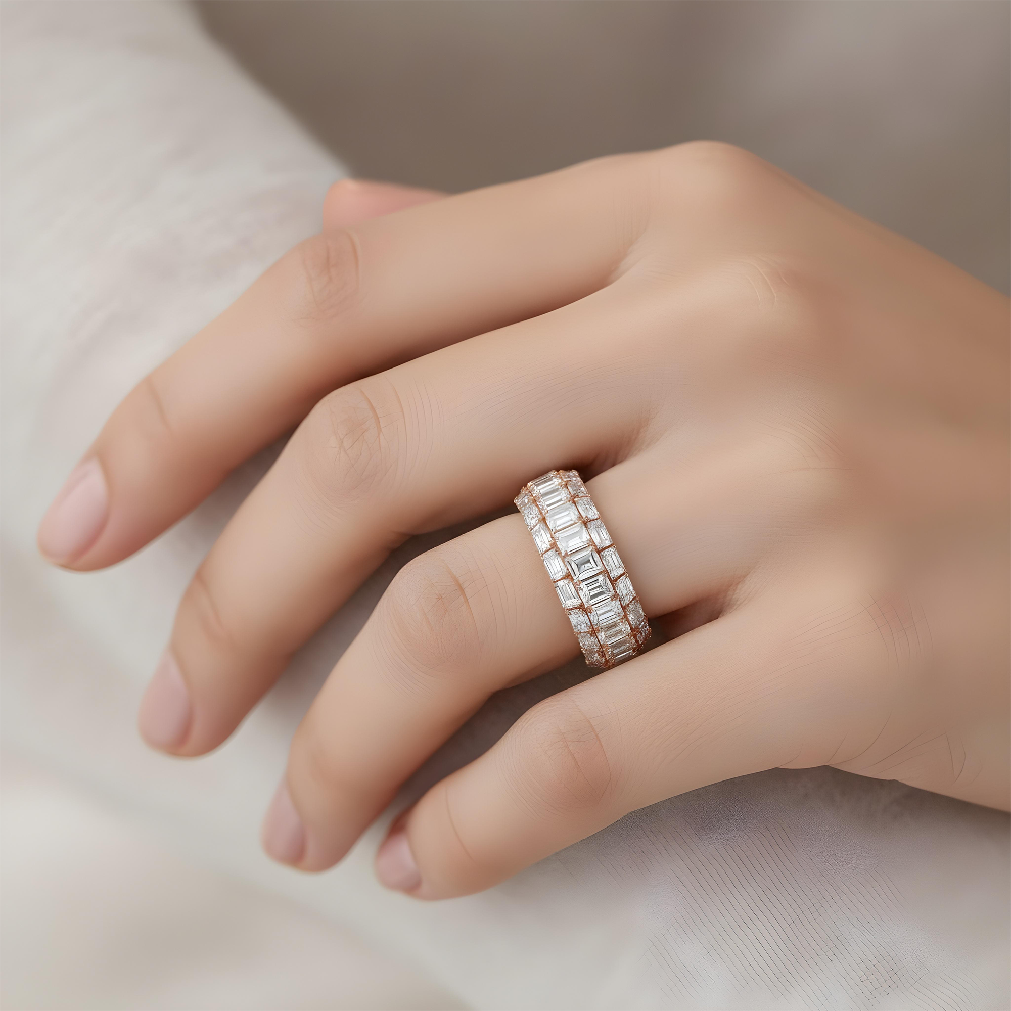 18K White Gold Triple Row Emerald Cut Diamond Ring 6.86ct