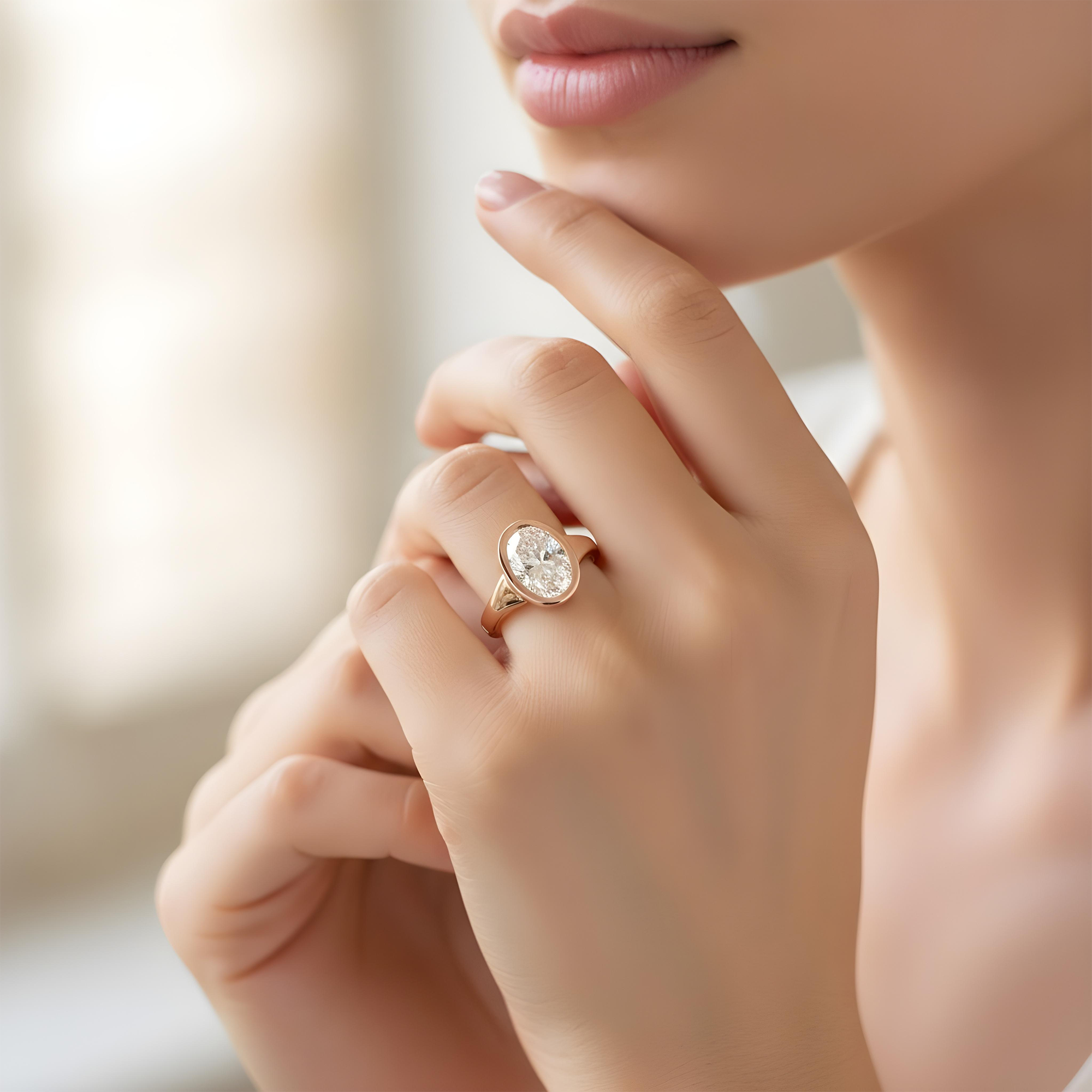 14K Yellow Gold Bezel Set Oval Cut Diamond Ring 2.22ct