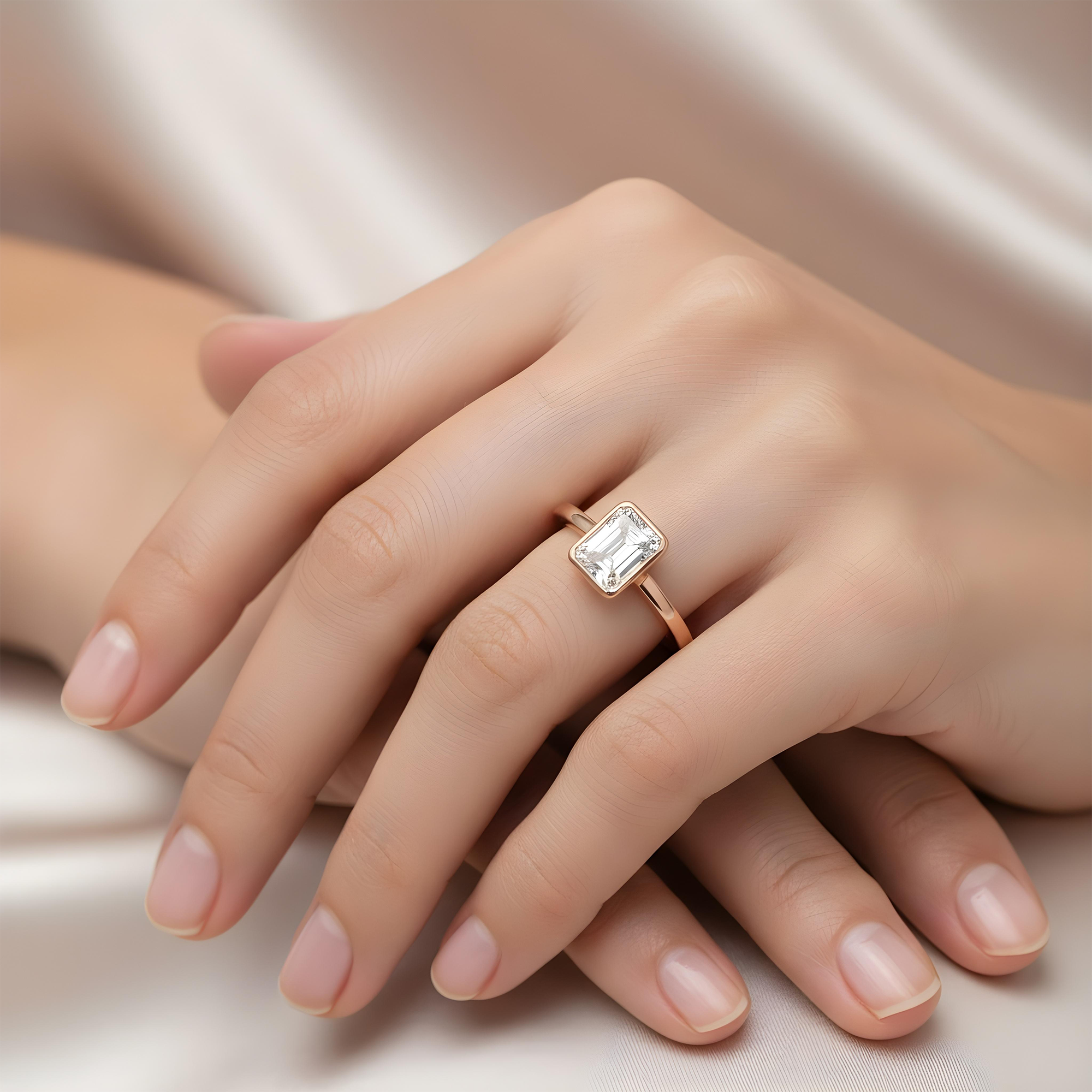 14K Yellow Gold Bezel Set Solitaire Emerald Cut Diamond Ring 1.09ct