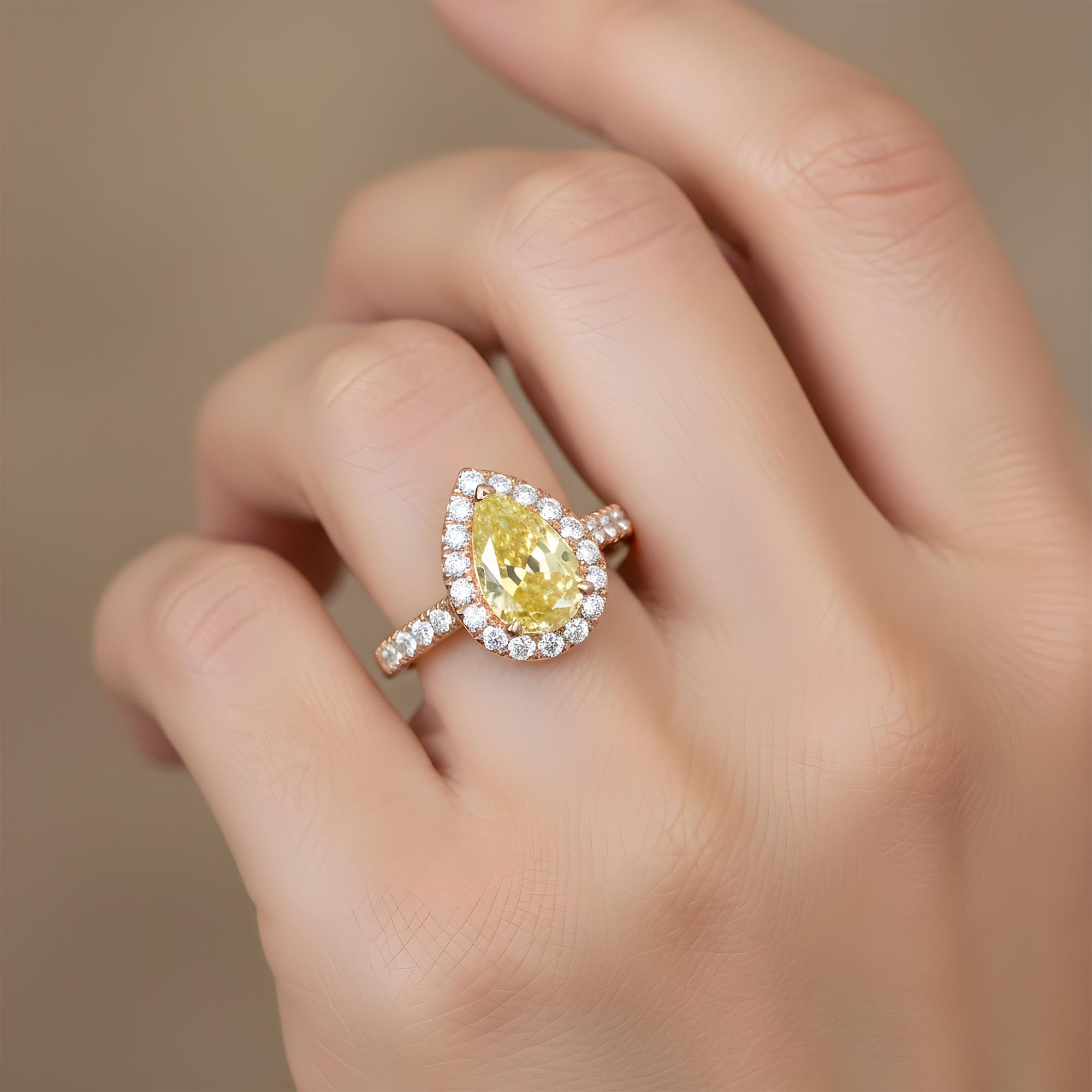 18K White Gold 2.08ct Pear Cut Fancy Vivid Yellow Diamond Ring 2.83ctw