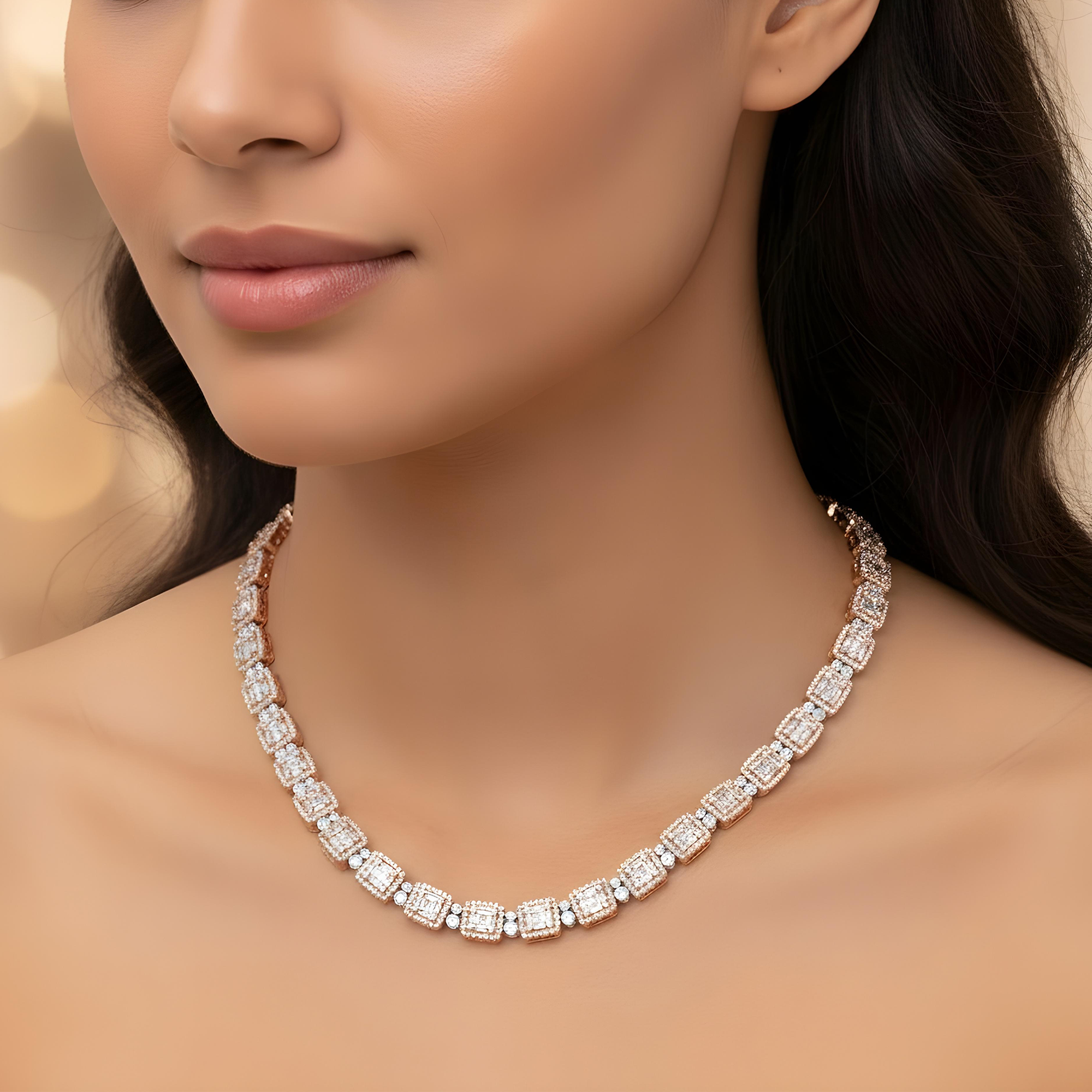 14K Two Tone Round & Baguette Cut Diamond Chain 14.62ct