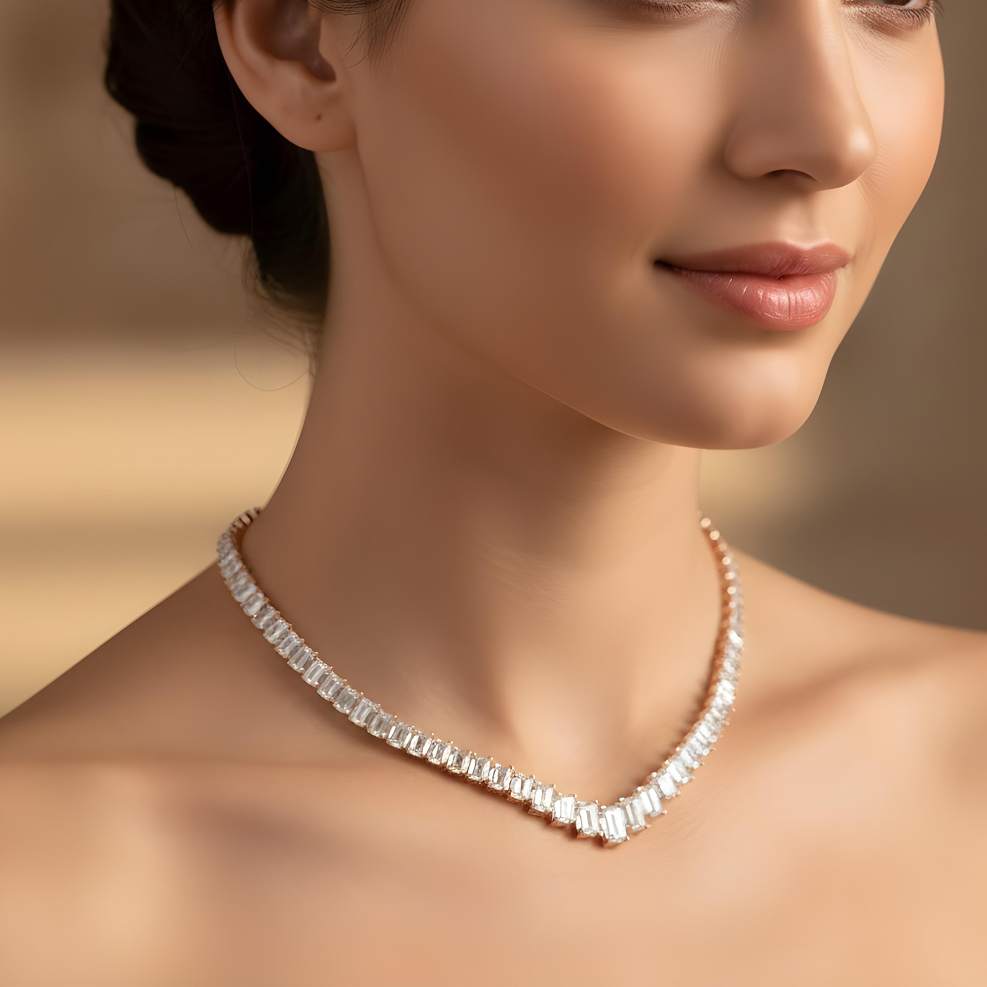 14K White Gold Graduated Emerald Cut Diamond Necklace 60.42ct