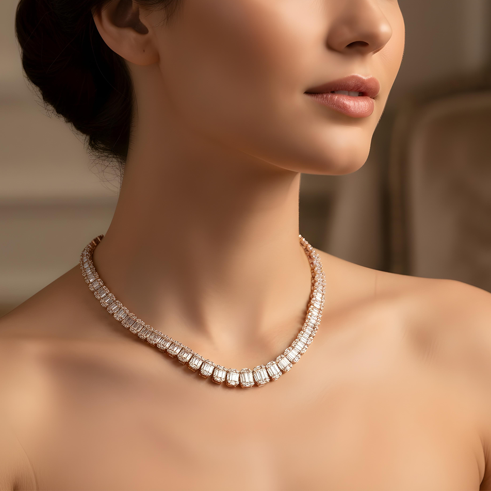 14K Yellow Gold Graduated Round & Baguette Cut Diamond Tennis Chain 22.65ct