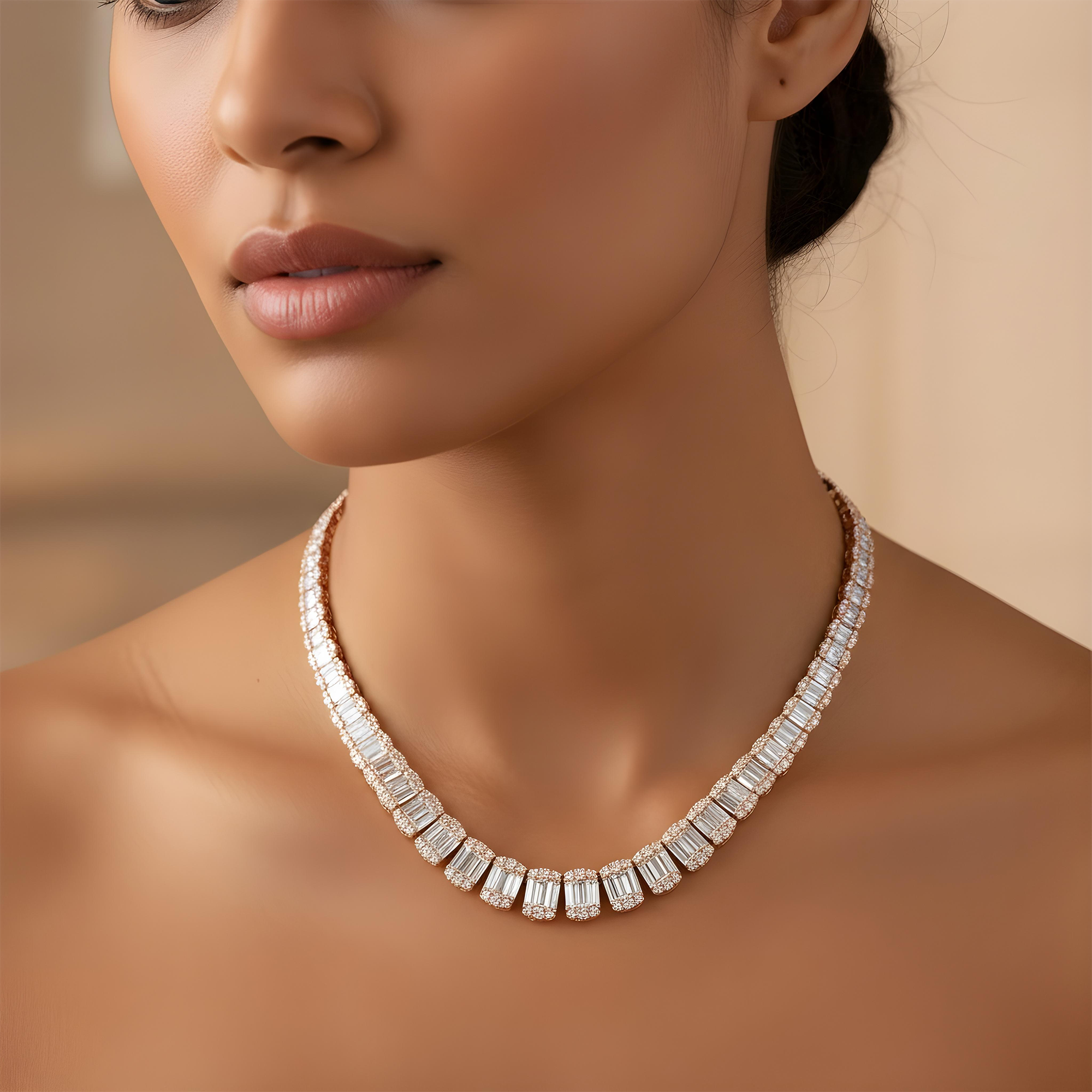 14K White Gold Graduated Baguette Diamond Chain 23.60ct