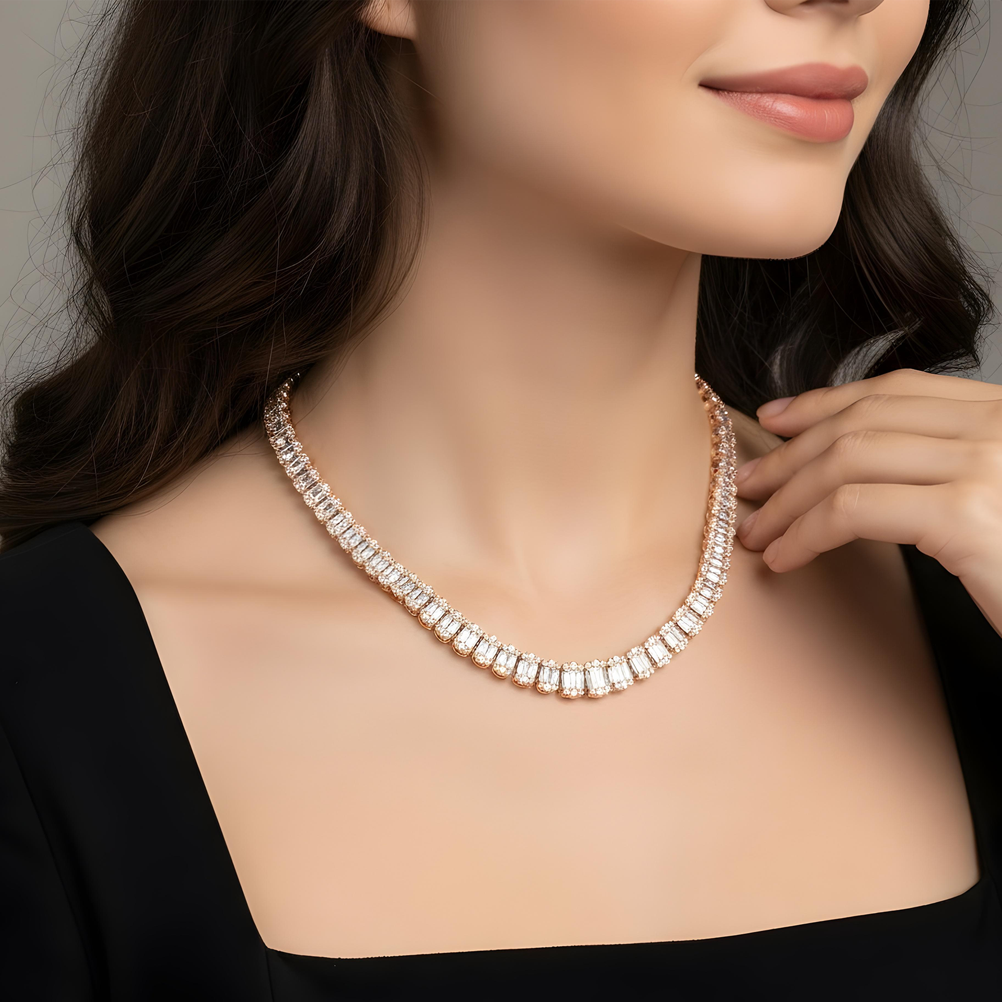 14K White Gold Graduated Round & Baguette Cut Diamond Tennis Chain 23.70ct