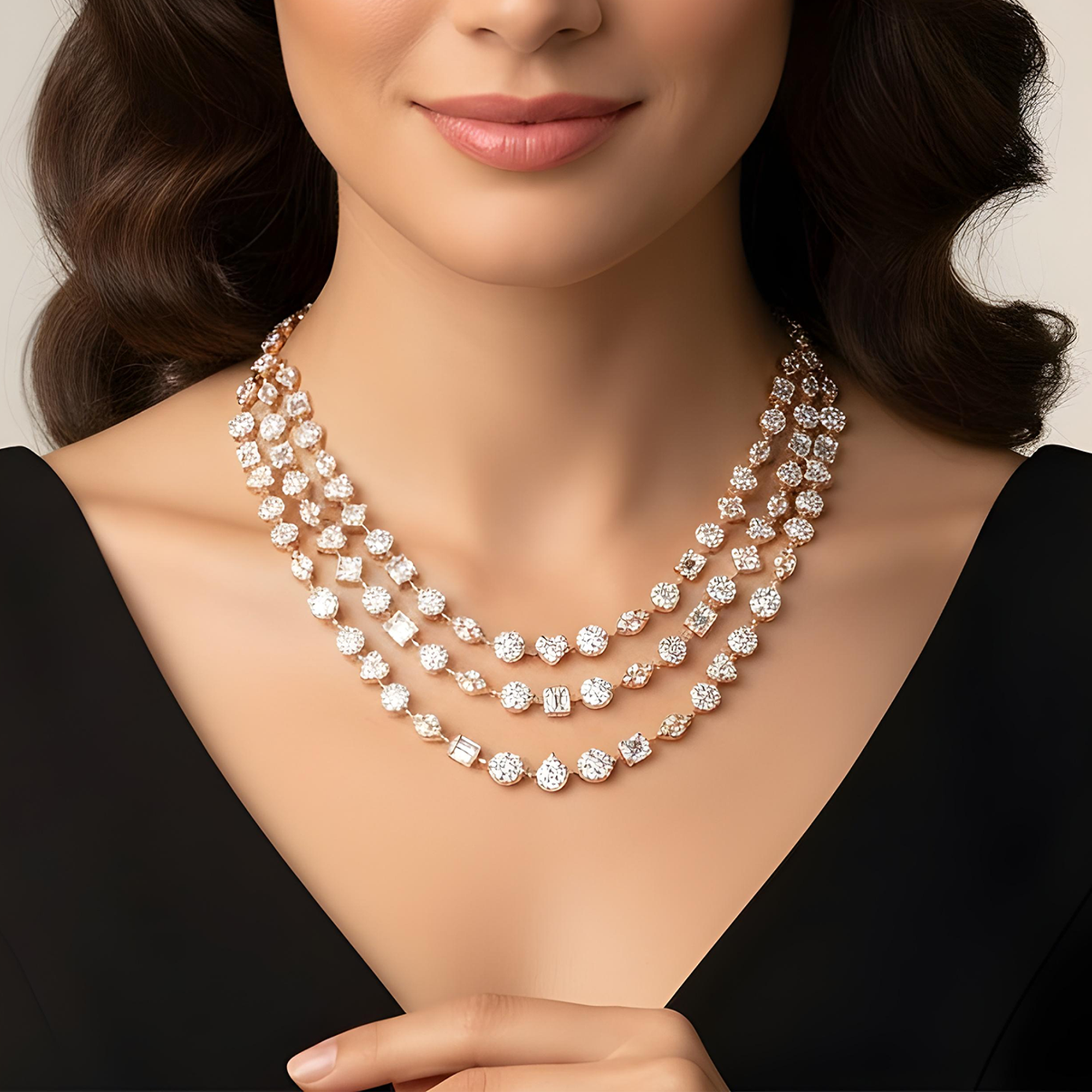 14K White Gold Combination Cut Diamond Triple Row Necklace 29.62ct