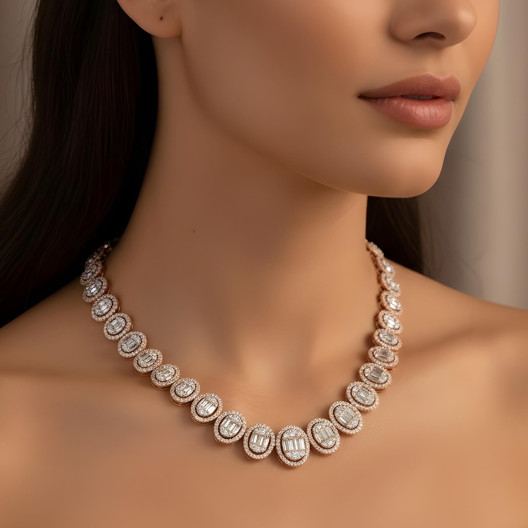 14K White Gold Oval Shaped Baguette Diamond Graduated Chain 21.0ct