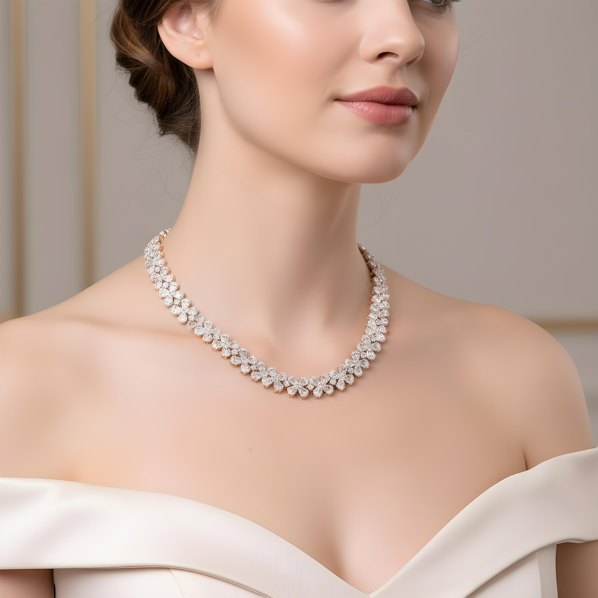 14K White Gold Baguette & Round Cut Flower Diamond Chain 18.98ct