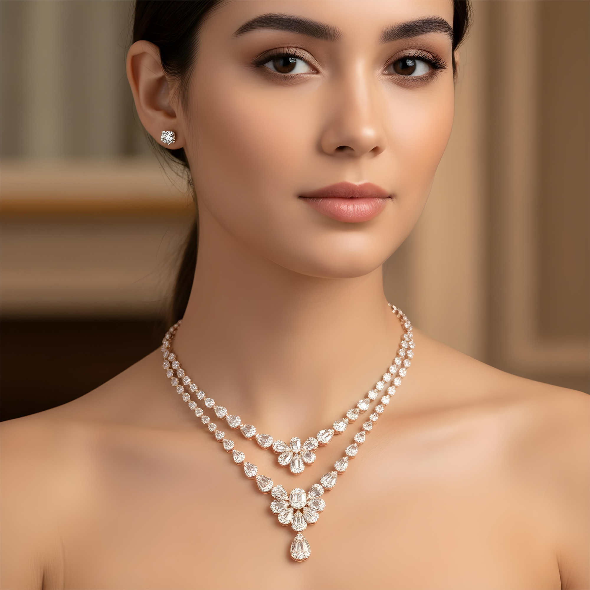 14K White Gold Double Row Diamond Drop Necklace 24.56ct