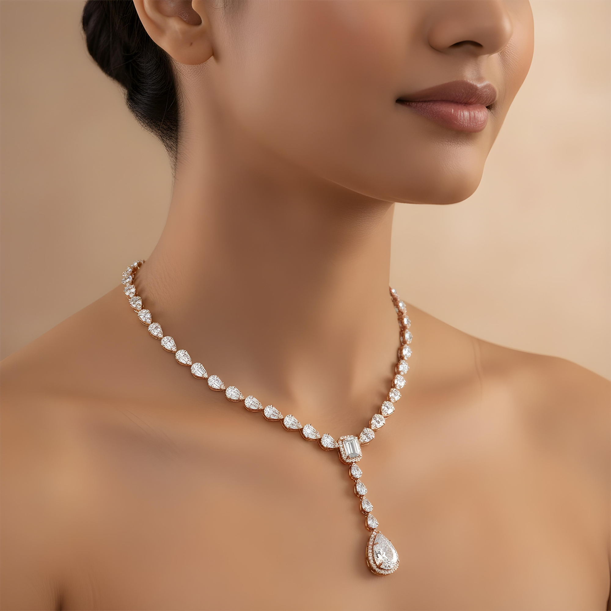 14K White Gold Baguette Diamond Drop Necklace 9.52ct