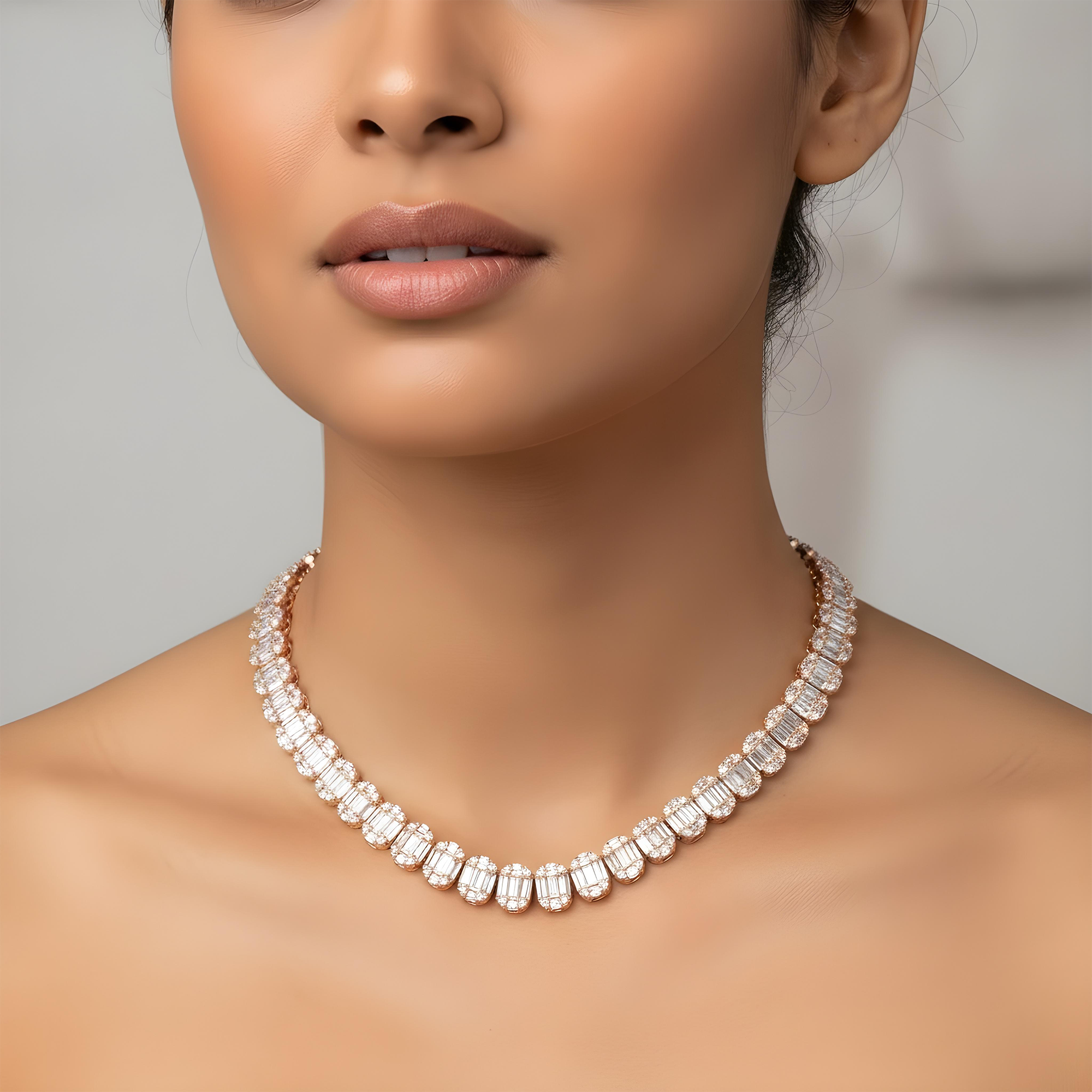 14K White Gold Round & Baguette Cut Diamond Tennis Chain 25.48ct