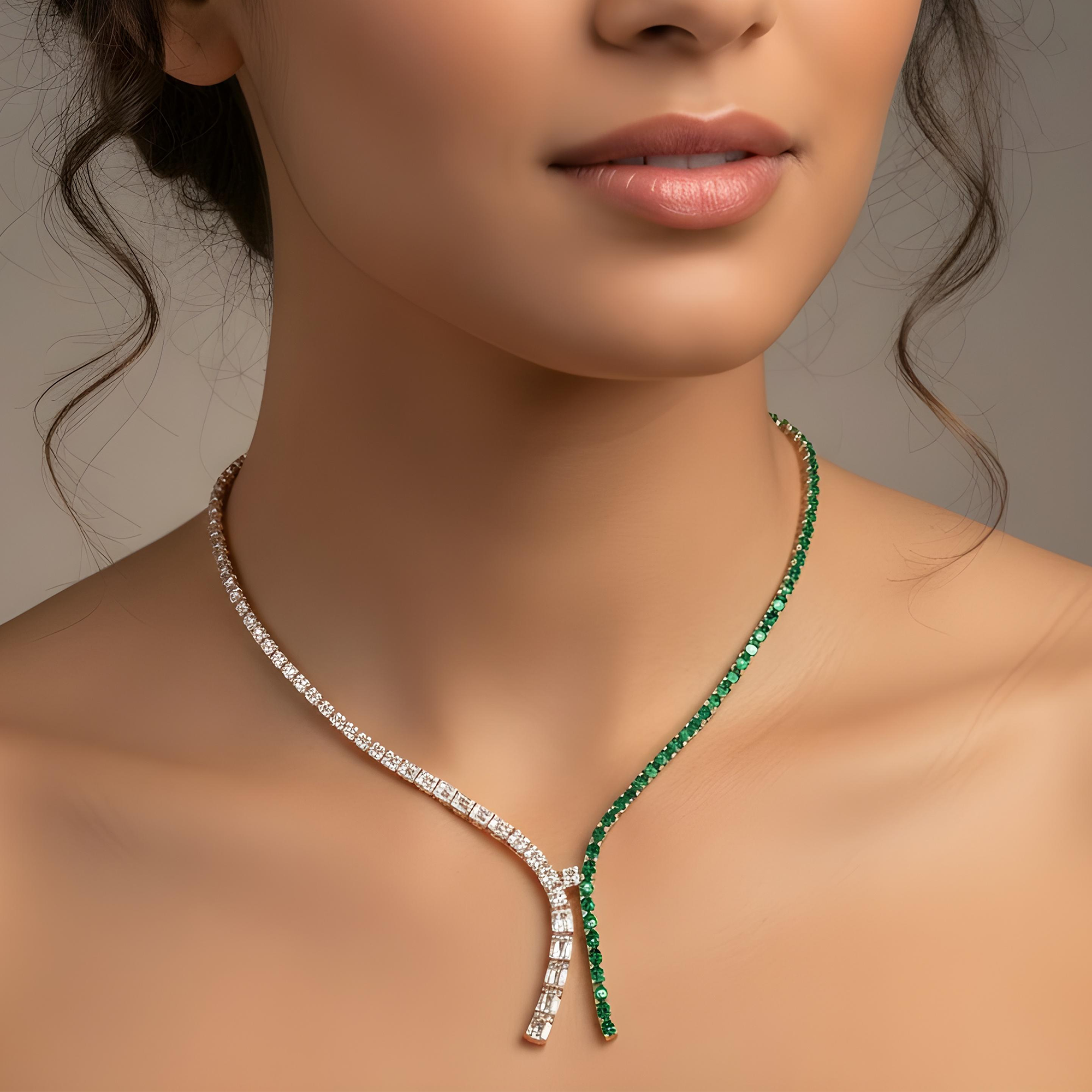 14K White Gold Oval Cut Emerald & Diamond Drop Necklace