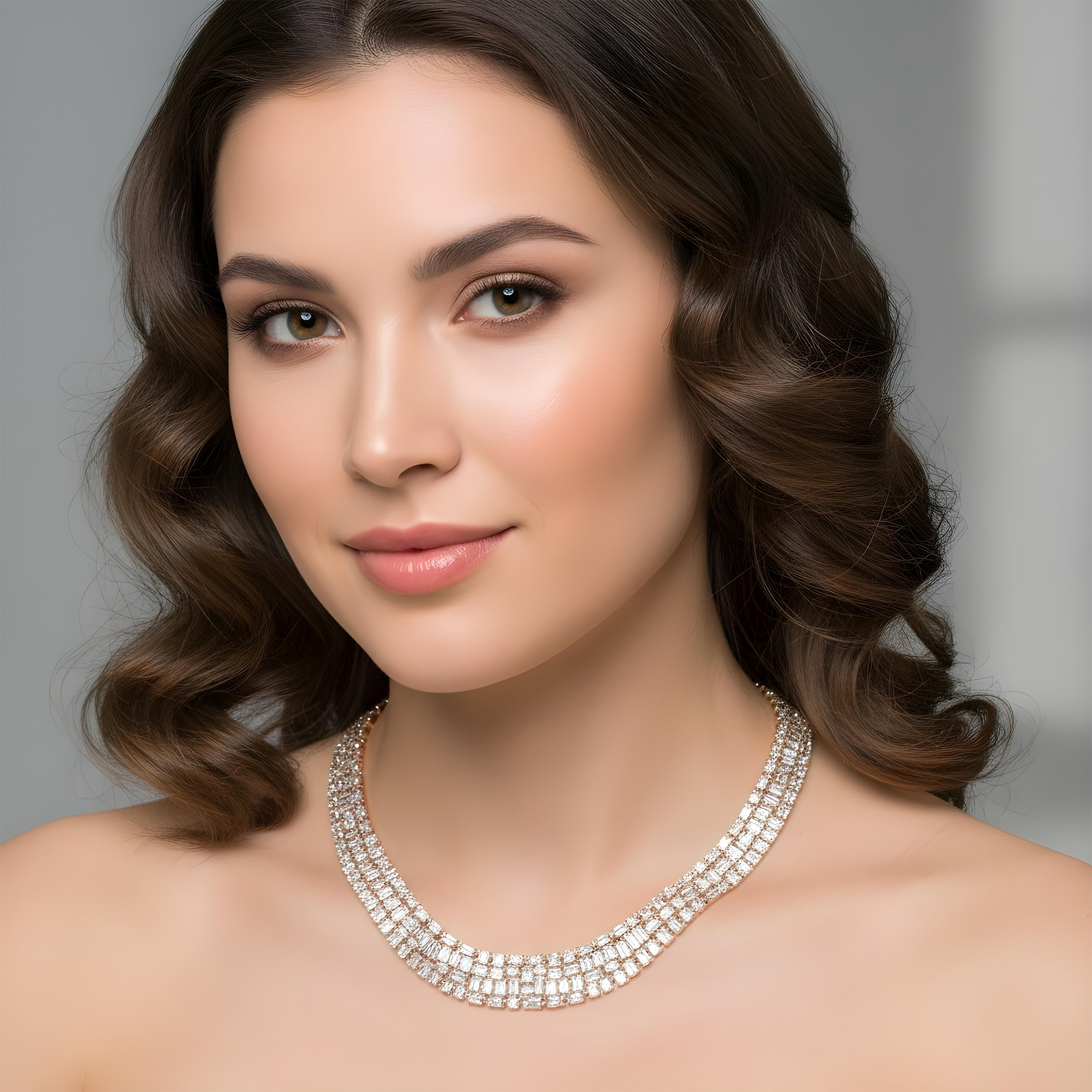 14K White Gold Emerald & Baguette Diamond Necklace 34.60ct
