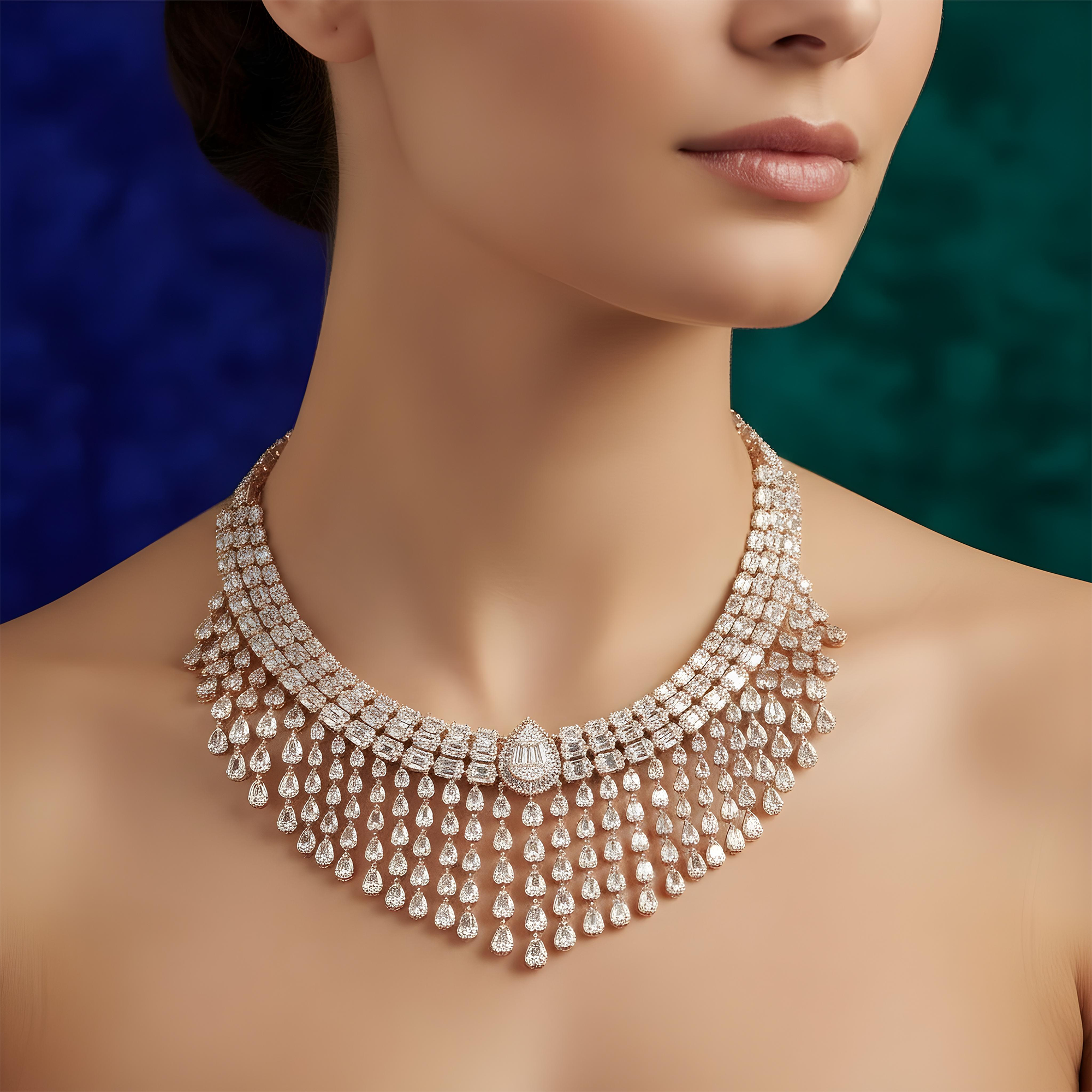 14K White Diamond Chandelier Necklace 43.82ct