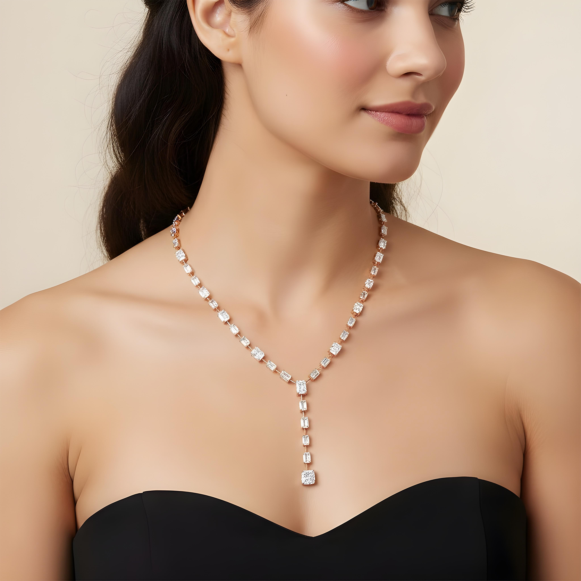 18K White Gold Radiant & Emerald Cut Diamond Drop Necklace 41.69ct