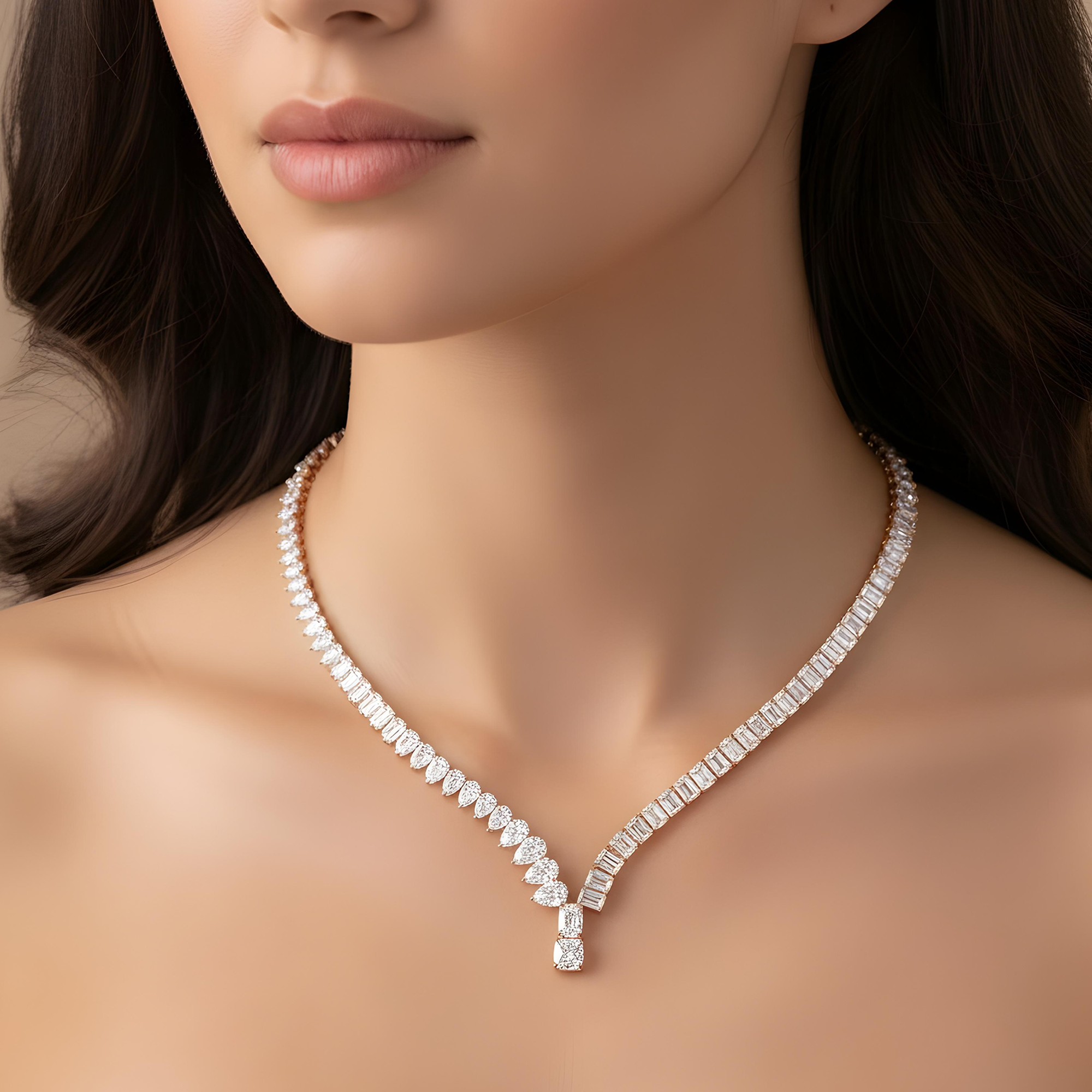 18K White Gold Pear & Emerald Cut Diamond Drop Necklace 62.37ct