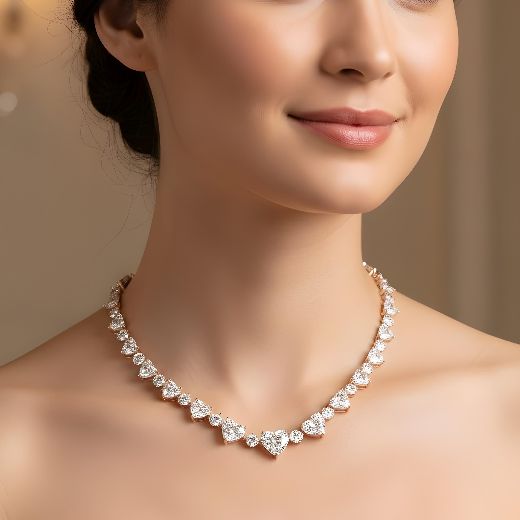 IGI 14K White Gold Graduated Heart & Round Cut Diamond Necklace 61.30ct