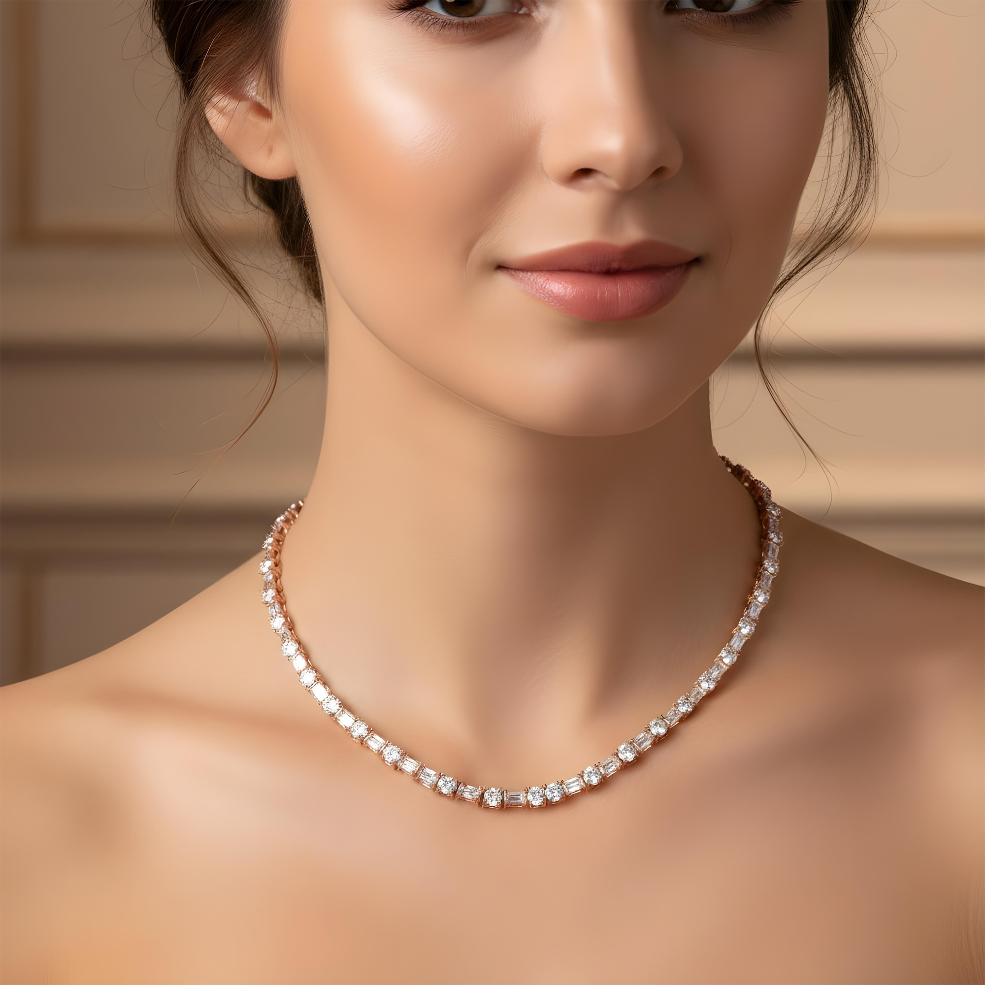 14K White Gold Round & Emerald Cut Diamond Tennis Chain 40.22ct