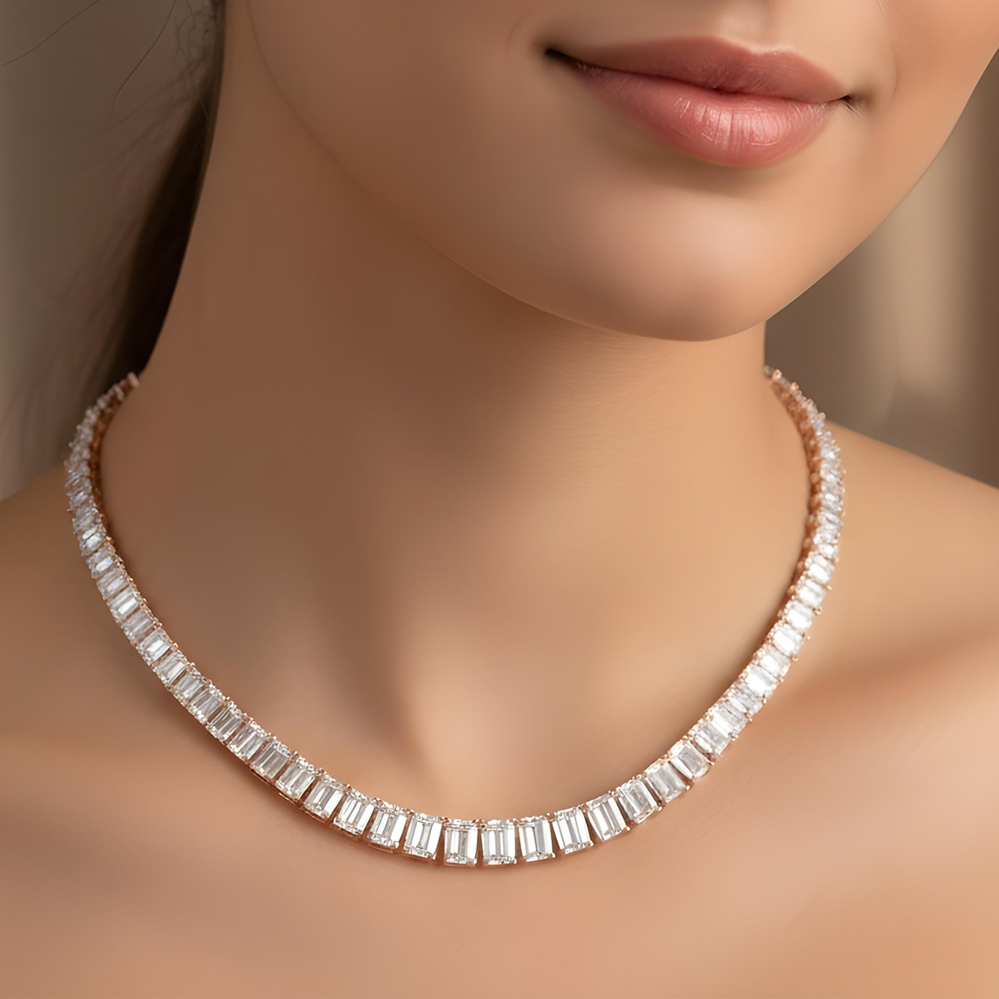 14K White Gold Graduated Emerald Cut Diamond Necklace 31.11ct