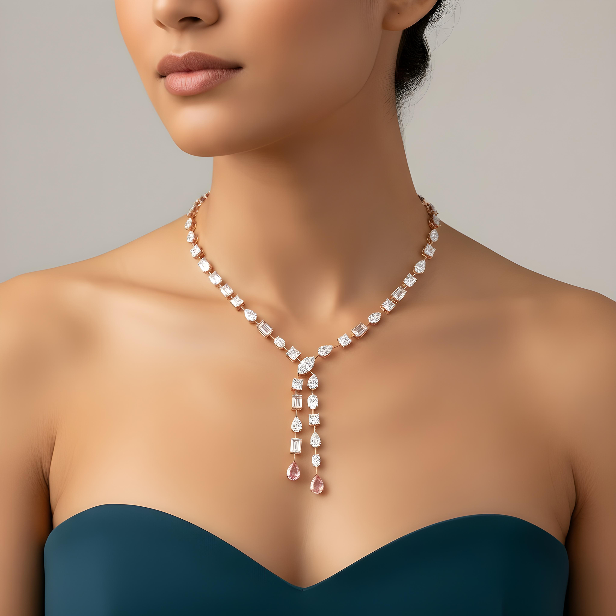 18K White Gold Multi Cut White & Fancy Vivid Pink Diamond Double Drop Necklace