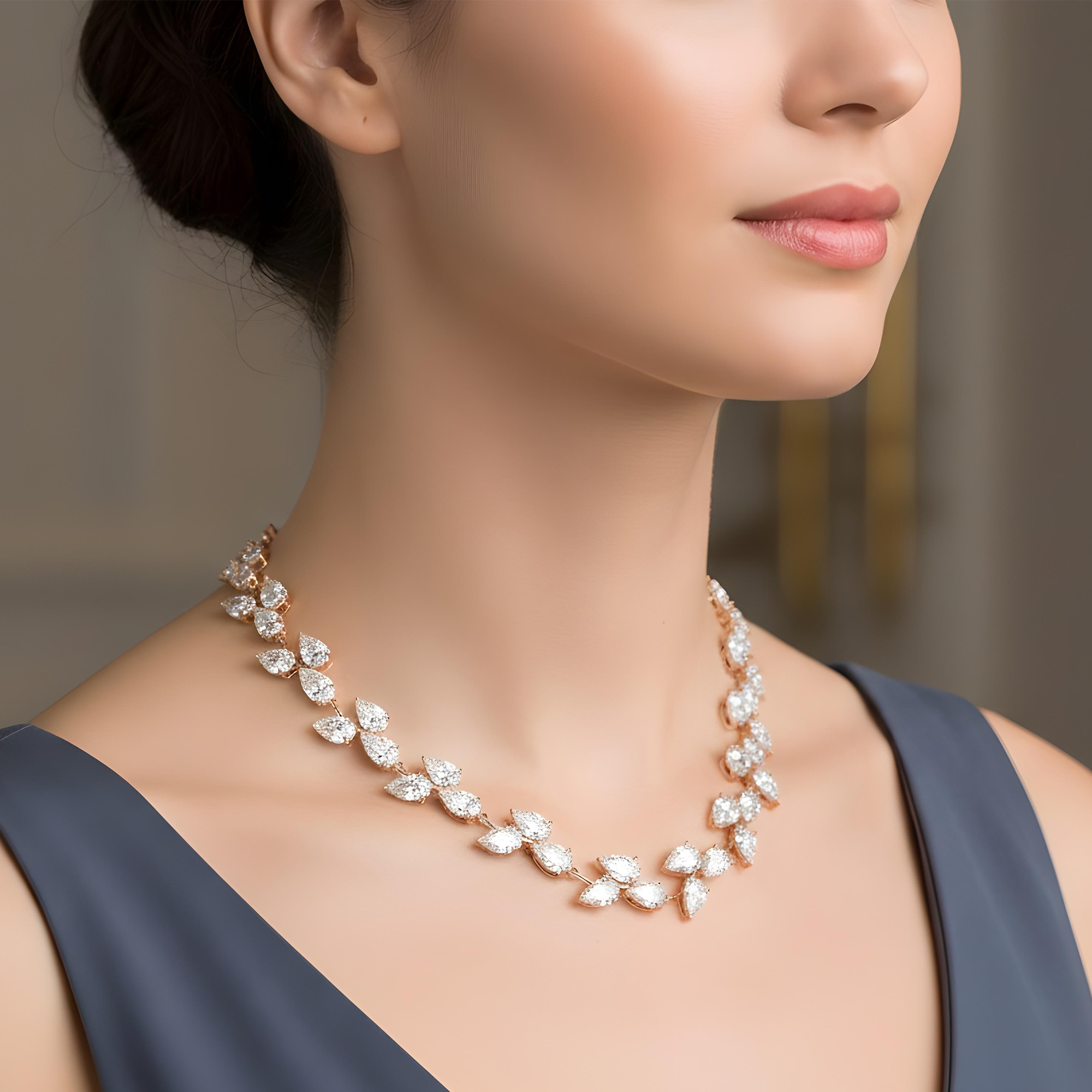 18K White Gold Pear Cut Diamond Rosebud Vine Necklace 56.69ct
