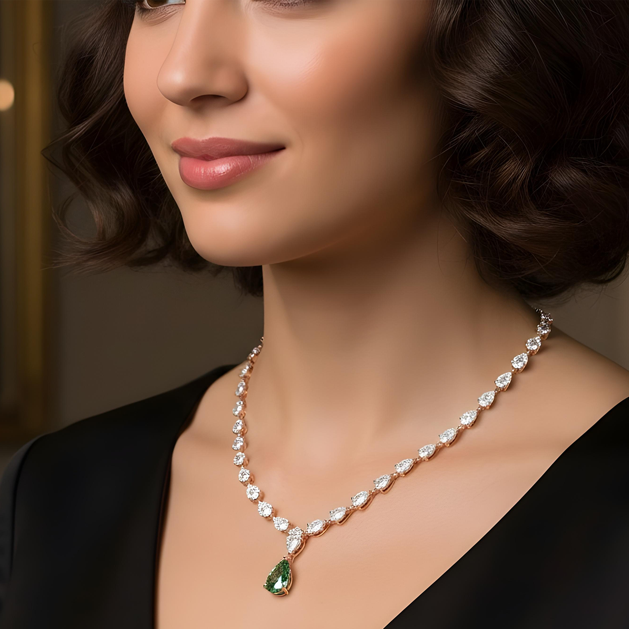 IGI Platinum Pear Cut Fancy Vivid Blueish Green Diamond Drop Necklace 49.43ctw
