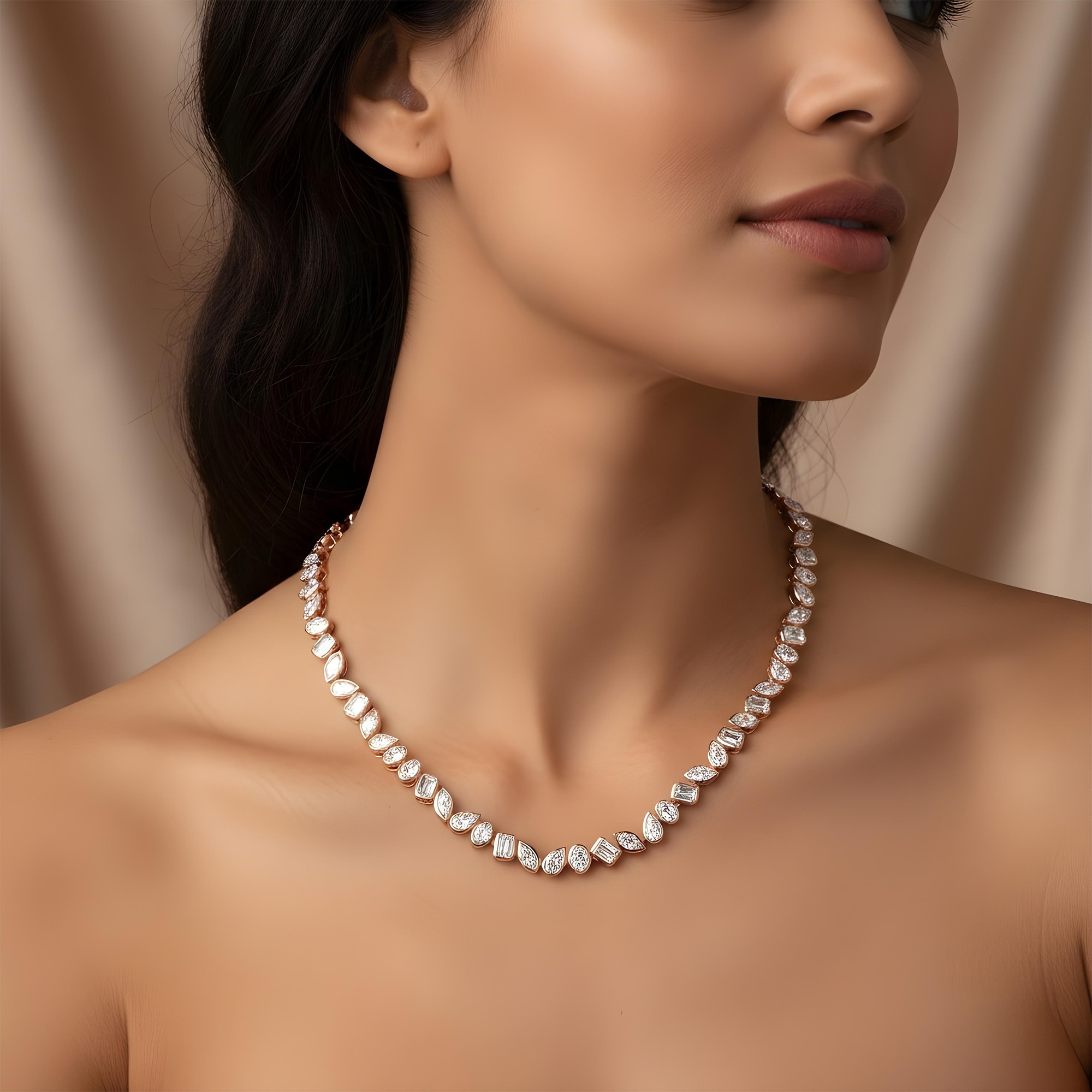 14K Yellow Gold Bezel Set Multi Cut Diamond Necklace 12.92ct