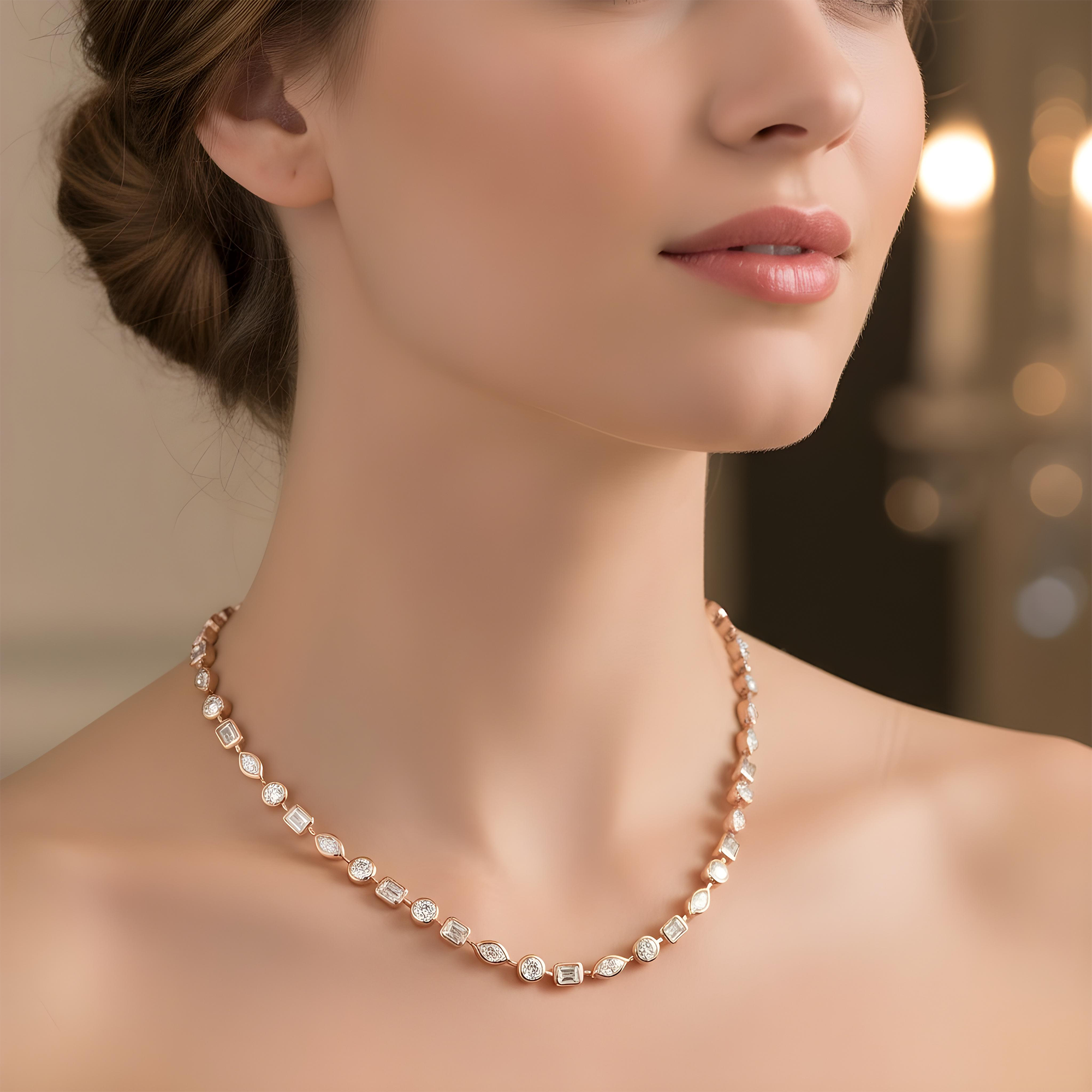 14K Yellow Gold Bezel Set Multi Cut Diamond Necklace 12.58ct