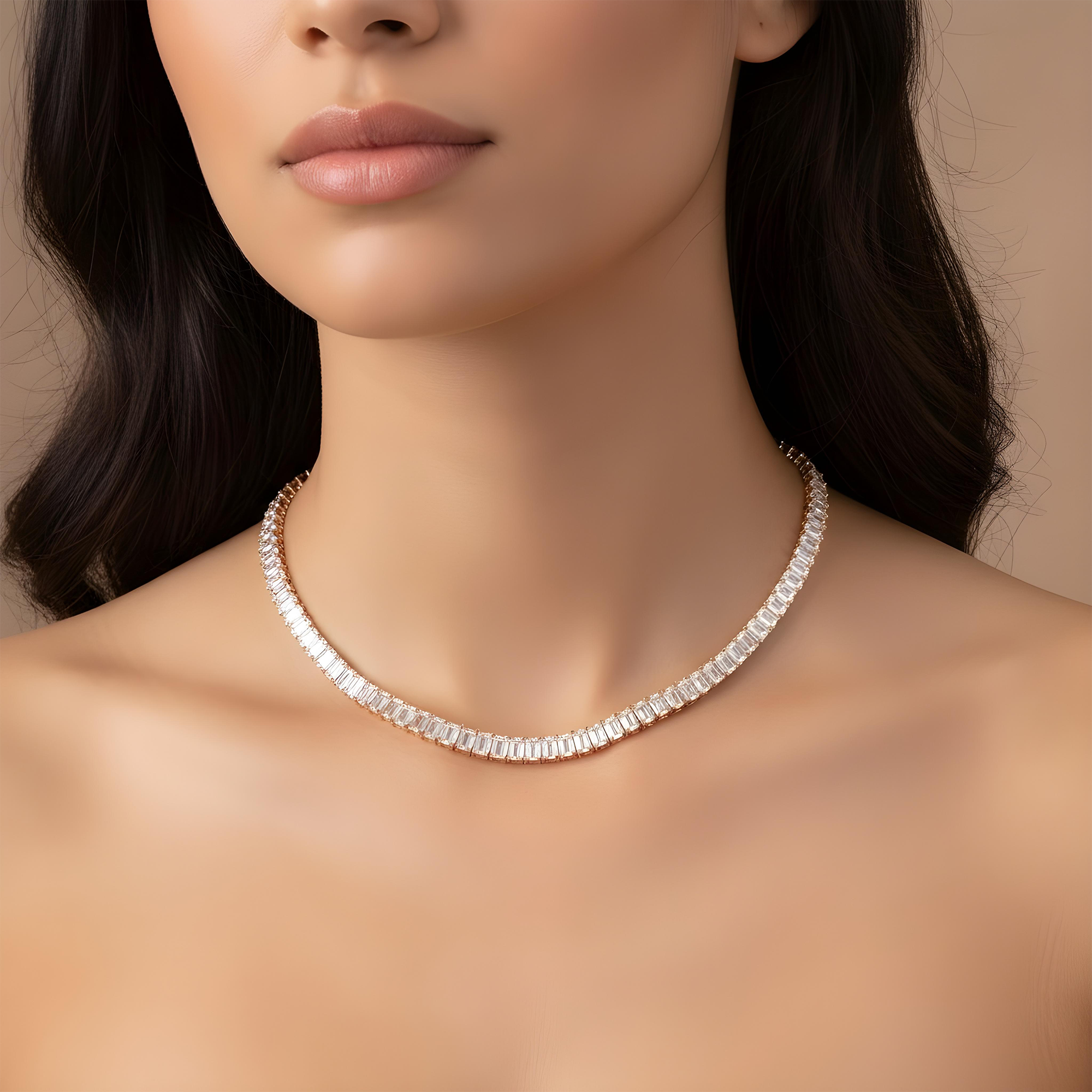 14K White Gold Emerald Cut Diamond Tennis Necklace 48.35ct