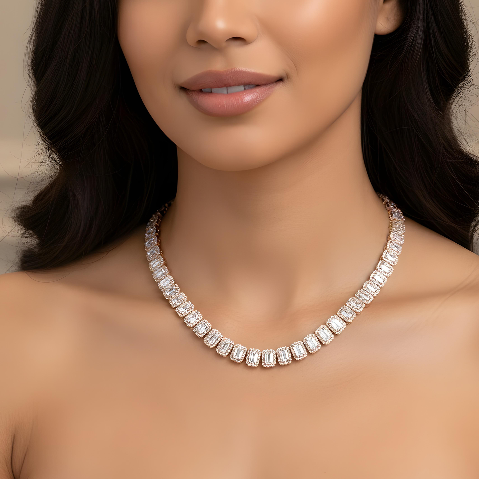 14K White Gold Round & Emerald Cut Diamond Tennis Chain 40.38ct