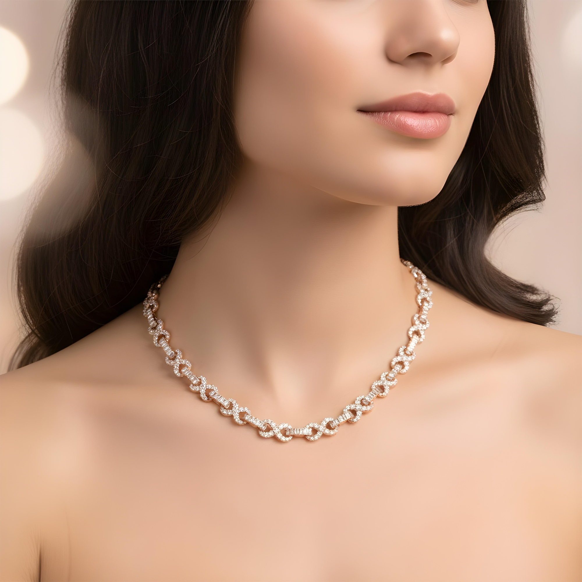 14K White Gold Round & Emerald Cut Diamond Infinity Link Necklace 29.30ct