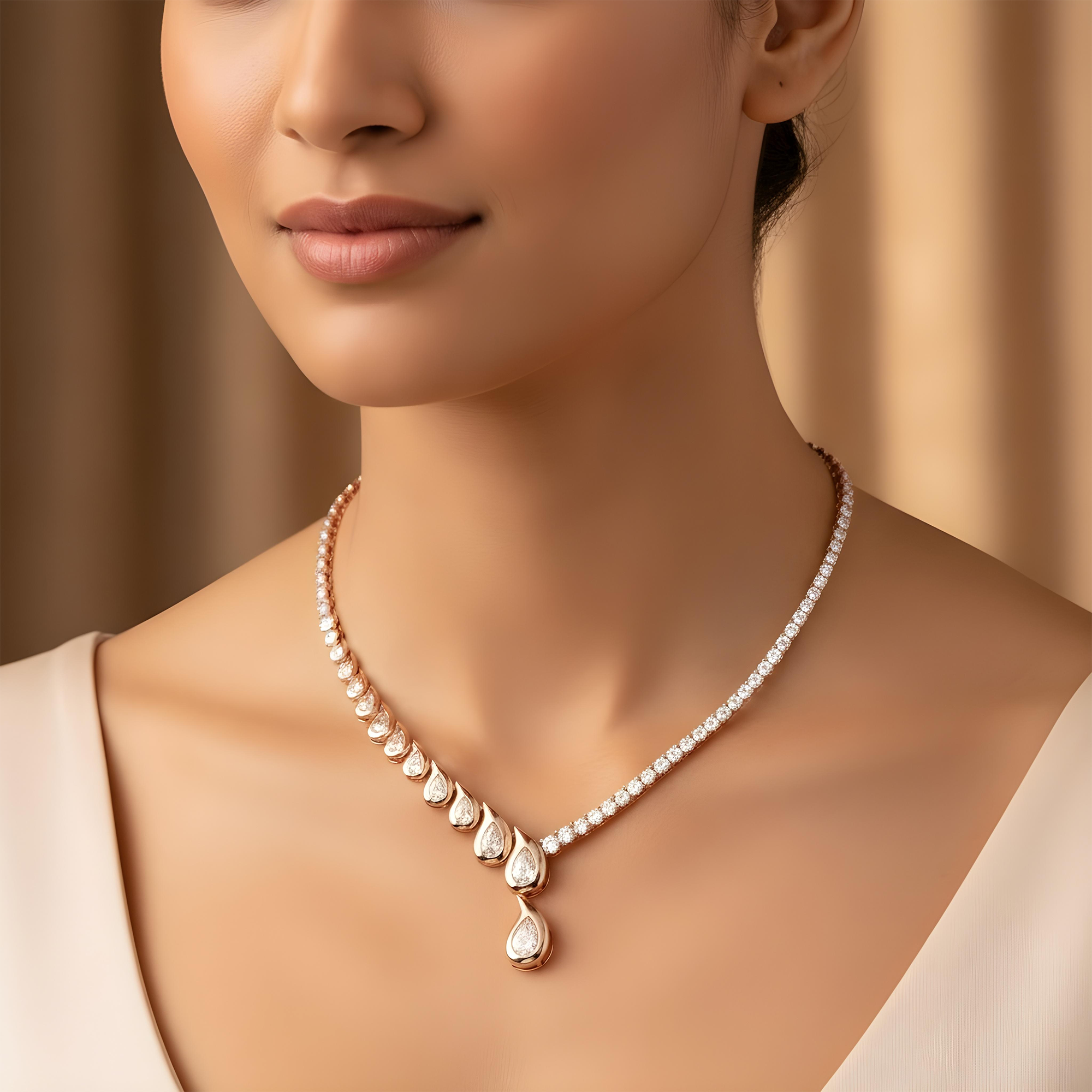 14K Yellow Gold Two Faced Graduated Pear Cut Diamond Drop Necklace 16.66ct