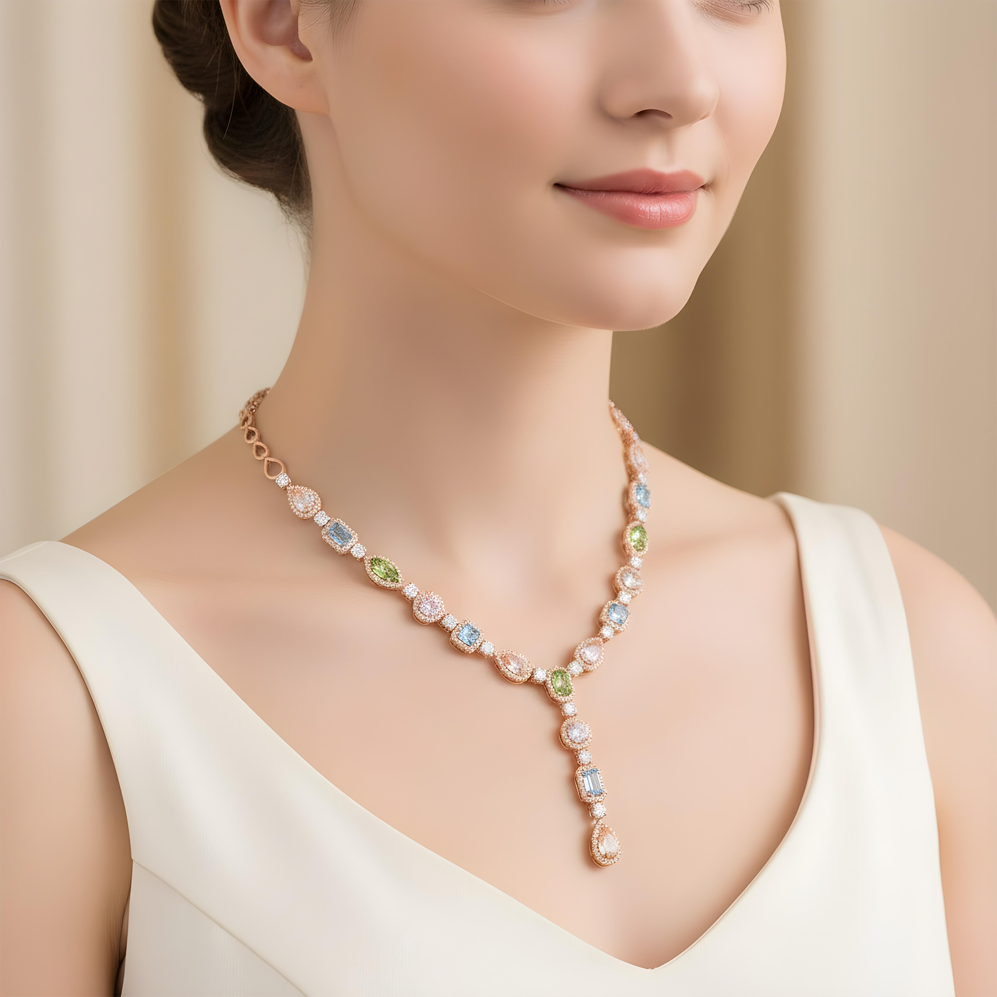 18K White Gold Multi Cut Fancy Color Diamond Drop Necklace 22.94ct (matching set)