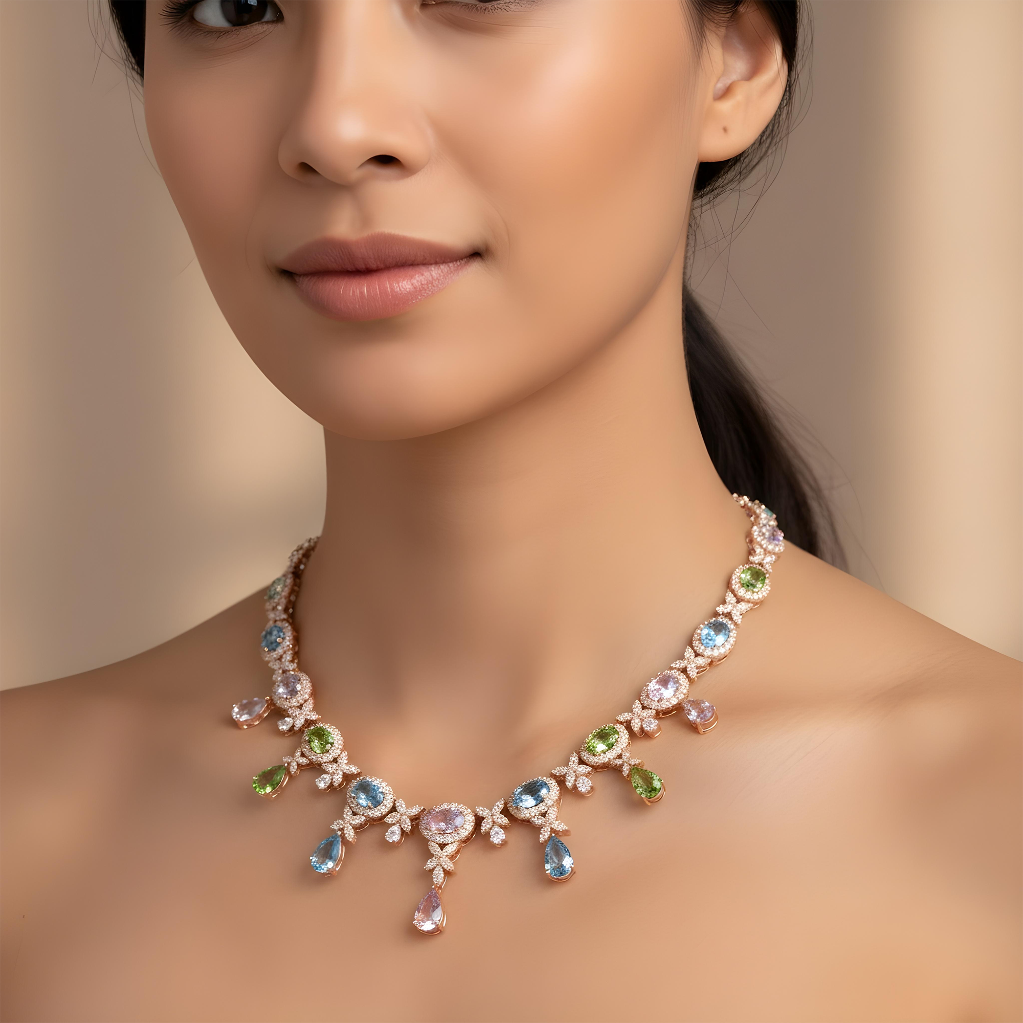 18K White Gold Multi Cut Fancy Color Diamond Drop Necklace 45.23ct