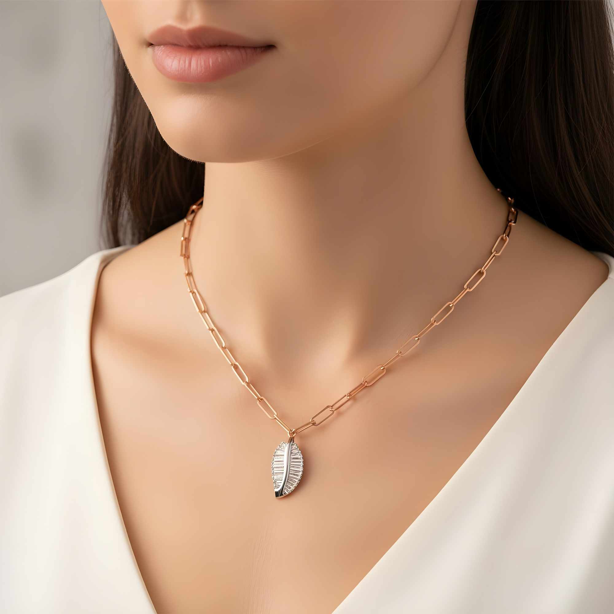 14K Two Tone Baguette Cut Diamond Leaf Pendant & Chain Necklace 0.90ct