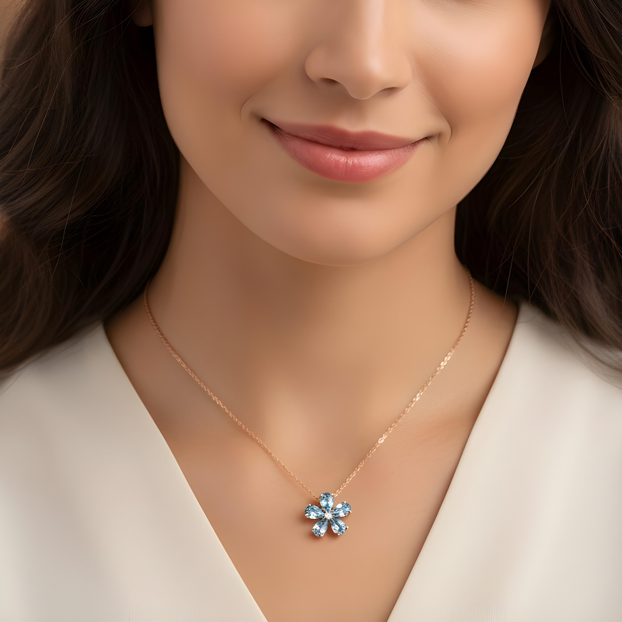 14K & 18K White Gold Pear Cut Blue Diamond Flower Necklace 1.34ct