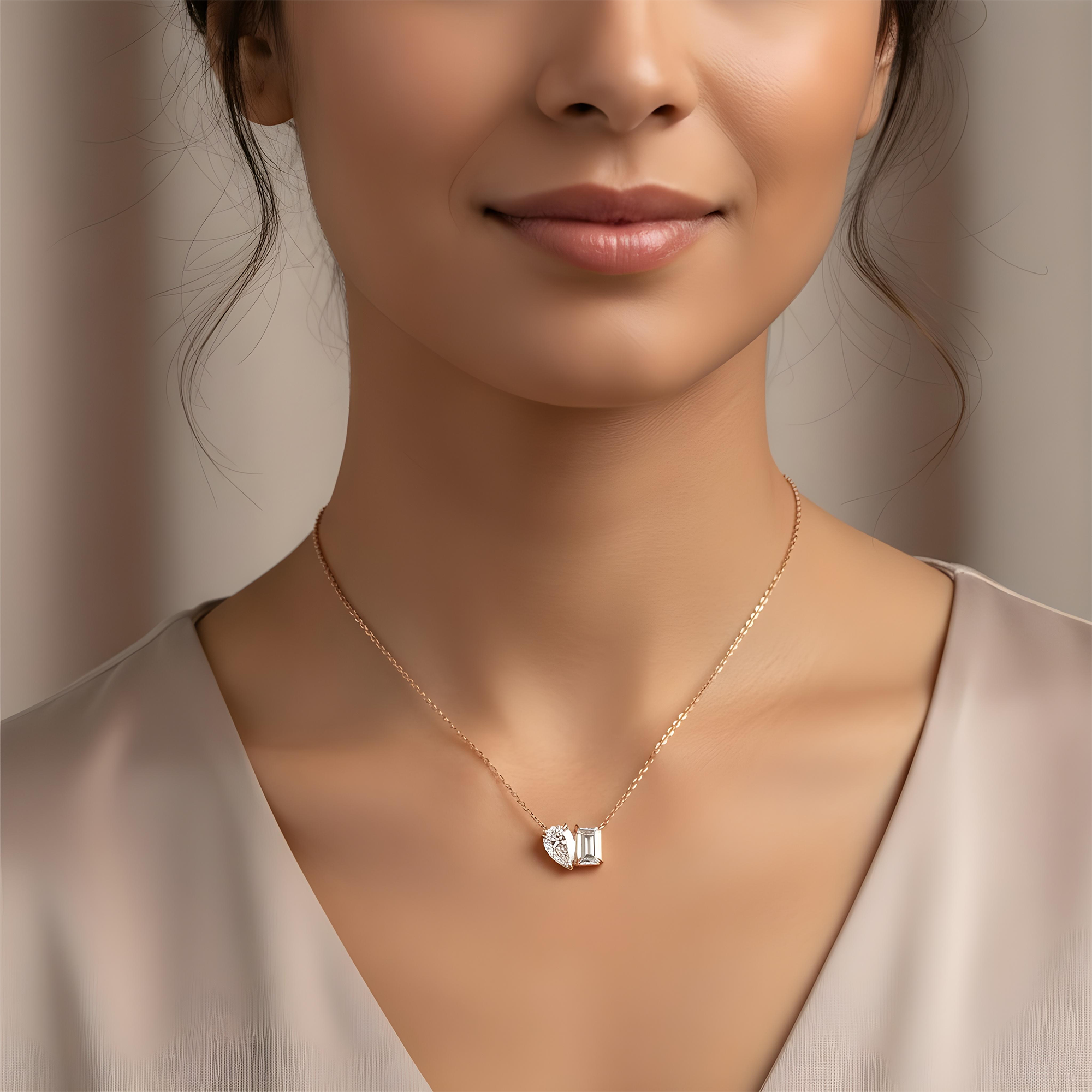 14K White Gold Pear & Emerald Double Diamond Necklace 1.67ct