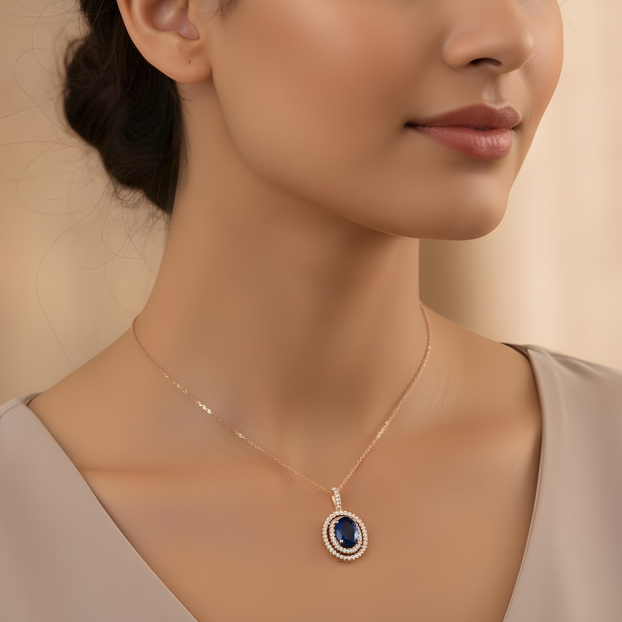 14K & 18K White Gold Diamond & Oval Cut Sapphire Gemstone Necklace