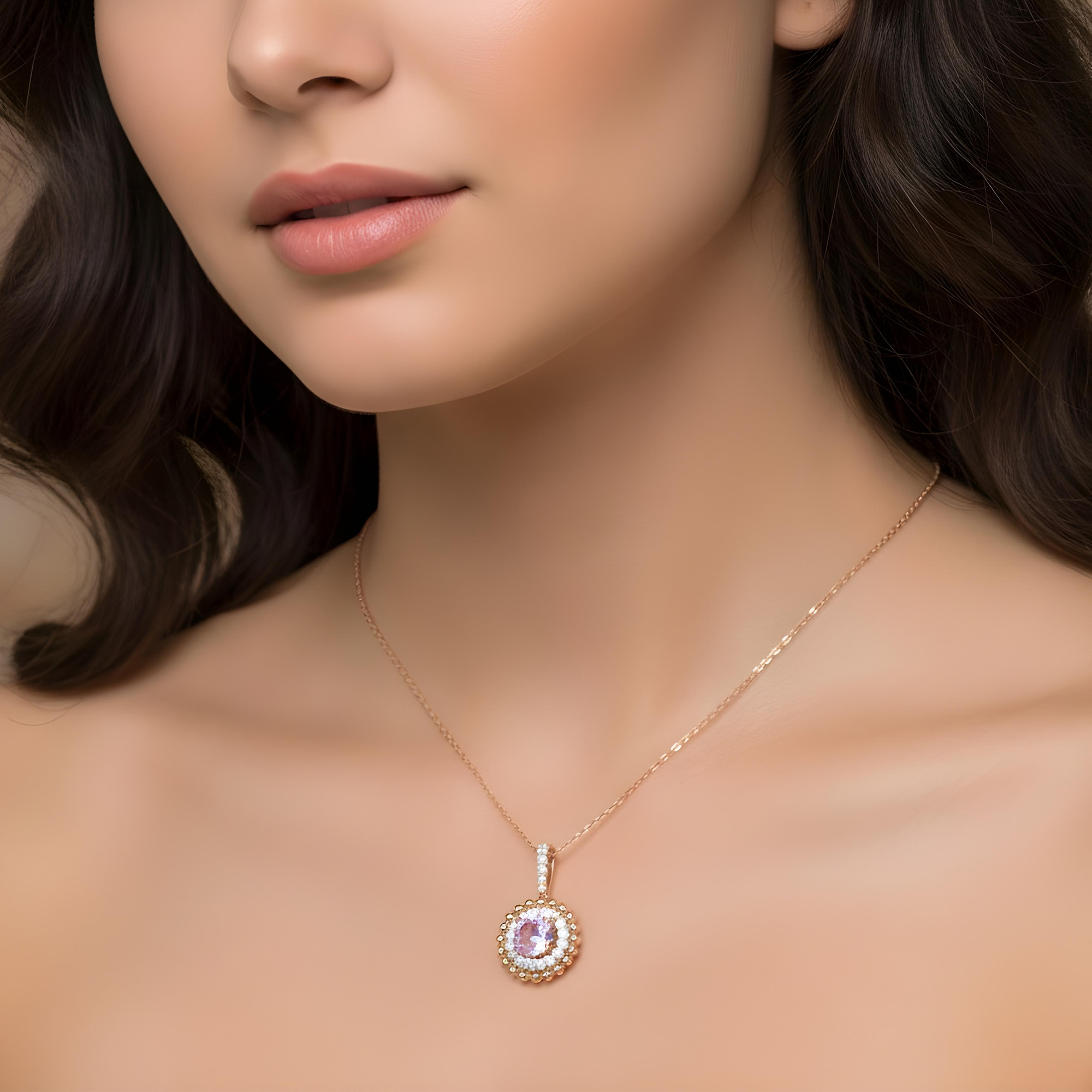 14K & 18K White Gold Round Pink Sapphire & Diamond Necklace