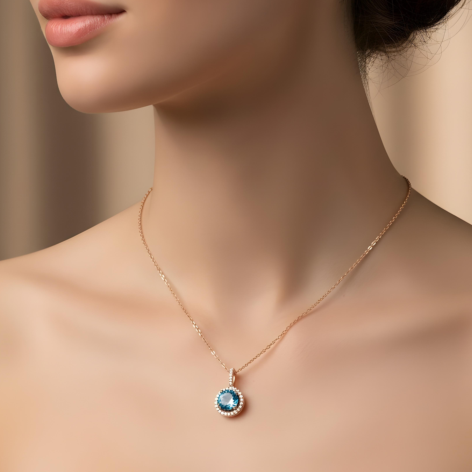 14K & 18K White Gold Round Diamond & Aquamarine Gemstone Necklace