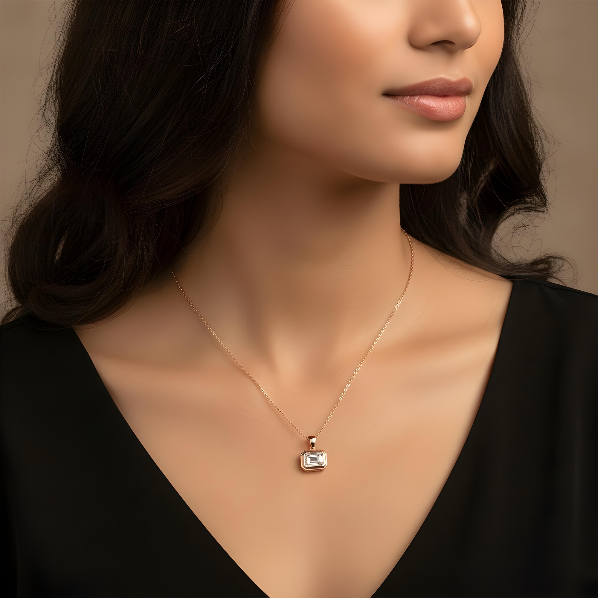 14K Yellow Gold Bezel Set Solitaire Emerald Cut Diamond Necklace 2.09ct