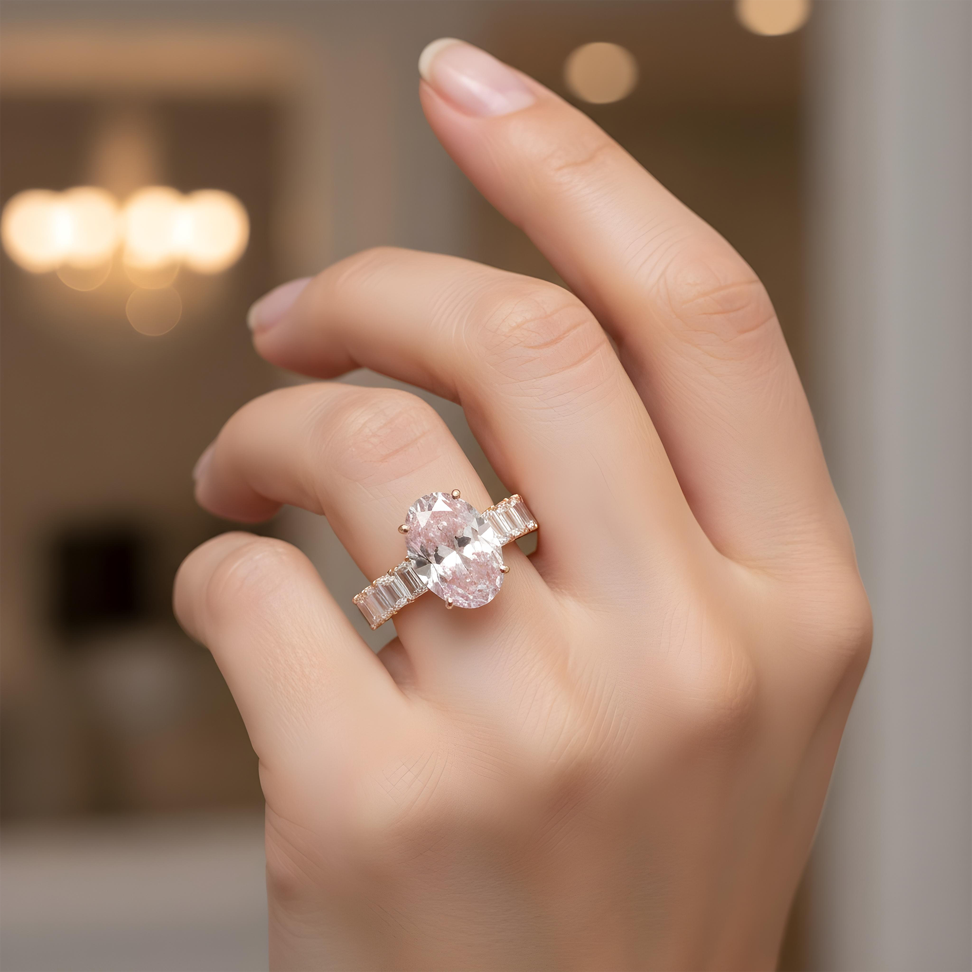 14K White Gold 5.0ct Oval Cut Fancy Vivid Pink Diamond Ring 8.10ctw
