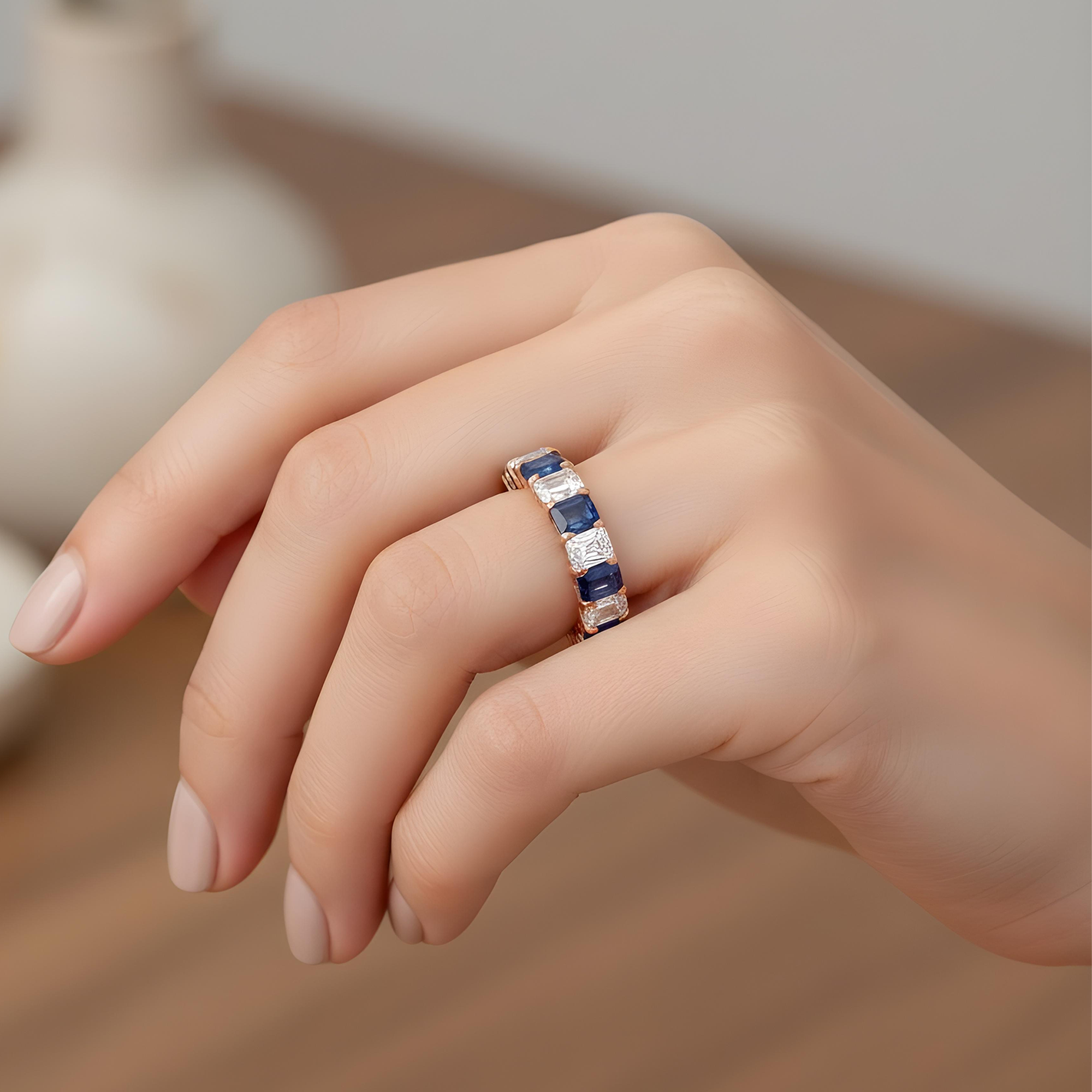 14K White Gold Emerald Cut Diamond & Sapphire Eternity Ring (size 7)