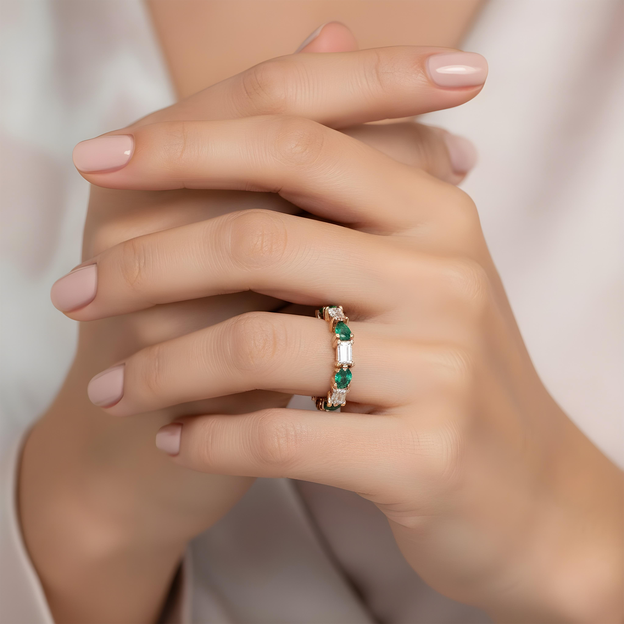 14K White Gold Emerald Cut Diamond & Pear Cut Emerald Eternity Ring