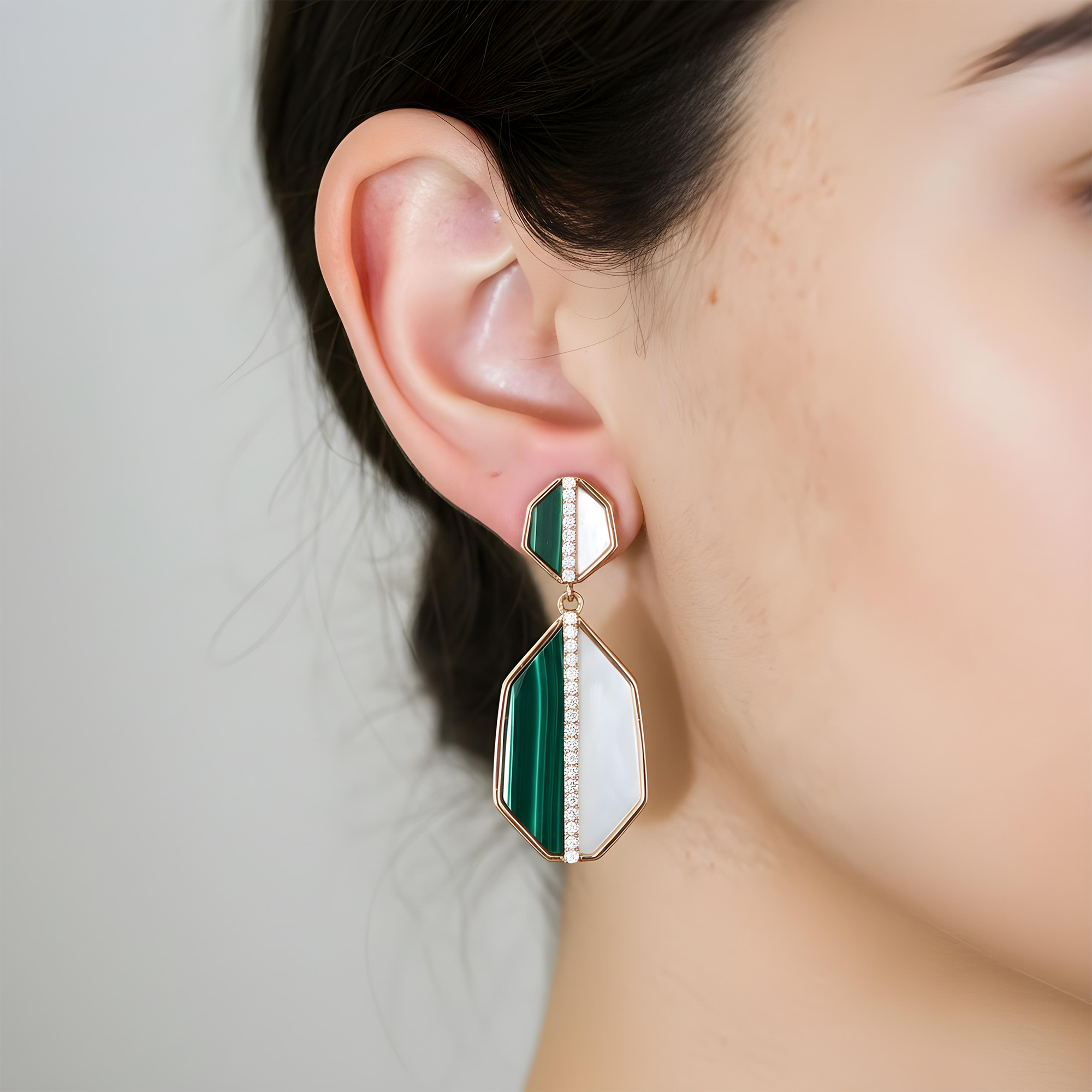 14K Yellow Gold Mother of Pearl/Malachite & Diamond Drop Earrings 0.25ctw