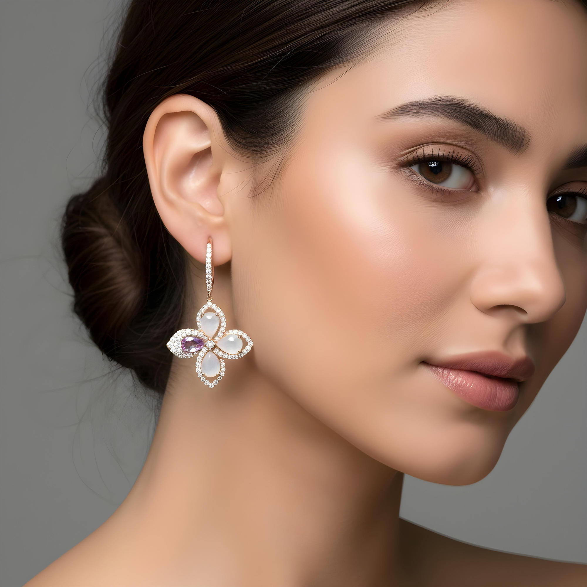 18K Rose Gold Pink Sapphire/Quartz & Diamond Flower Drop Earrings 1.30ctw