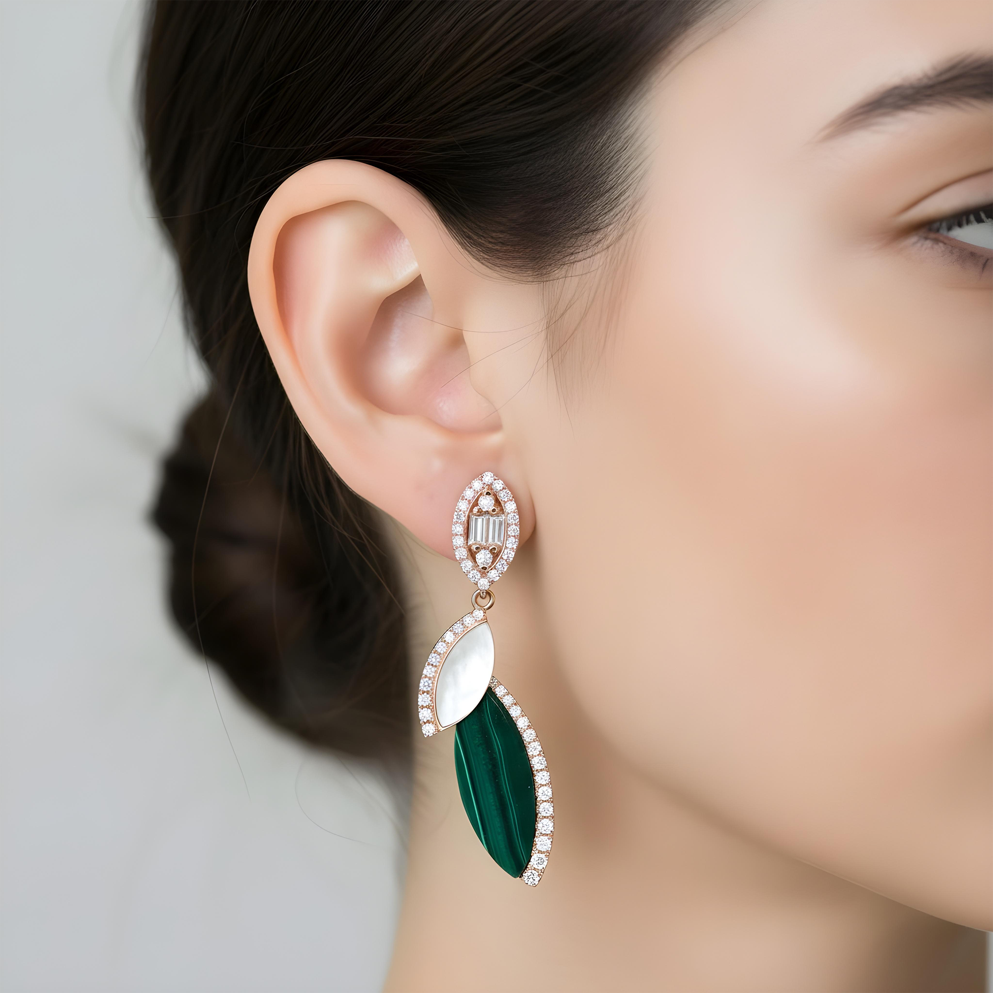 18K Yellow Gold Mother of Pearl/Malachite & Diamond Drop Earrings 0.45ctw