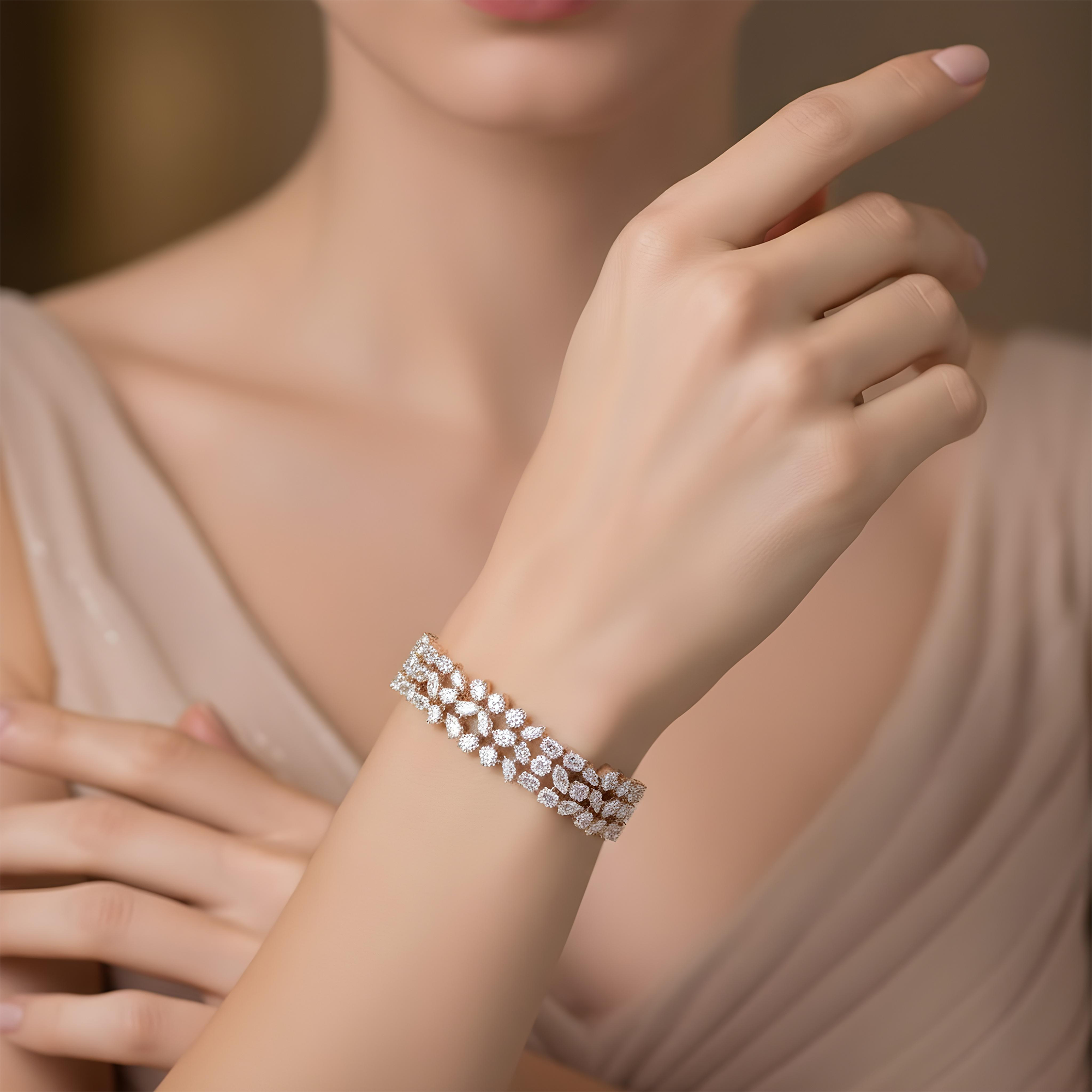 14K White Gold Triple Row Multi Cut Diamond Bracelet 55.86ct