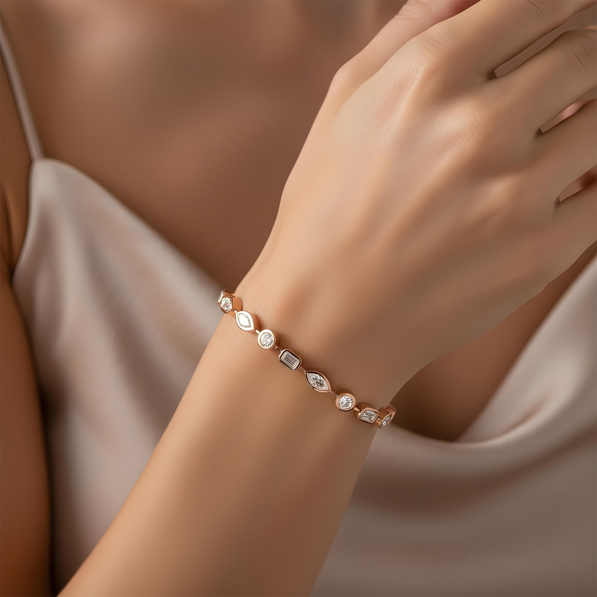 14K White Gold Bezel Set Multi Cut Diamond Satellite Bracelet 4.30ct